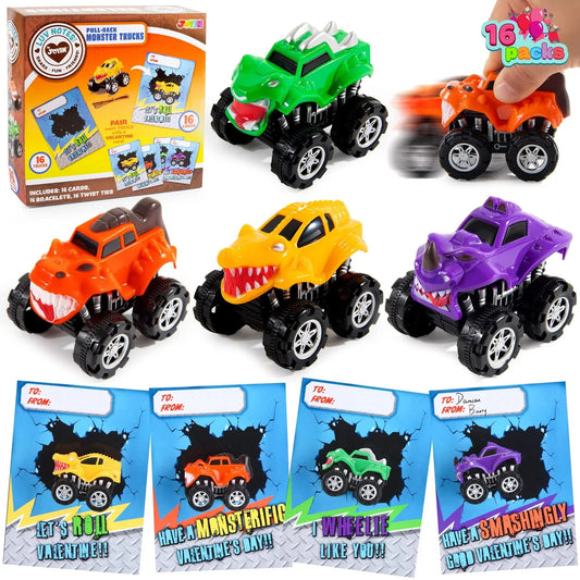 16 Pack Valentines Day Pull Back Monster Truck Toys with Gift Cards for Kids, Valentine's Classroom Exchange Prizes Valentine Party Favor Toys