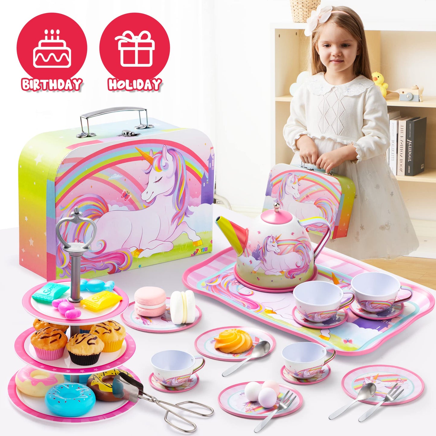 SYNCFUN 35 Pcs Unicorn Tea Set for Little Girls, Pretend Tin Teapot Set, Princess Tea Time Play Kitchen Toy, Birthday Gifts Kids Toddlers Age 3 4 5 6