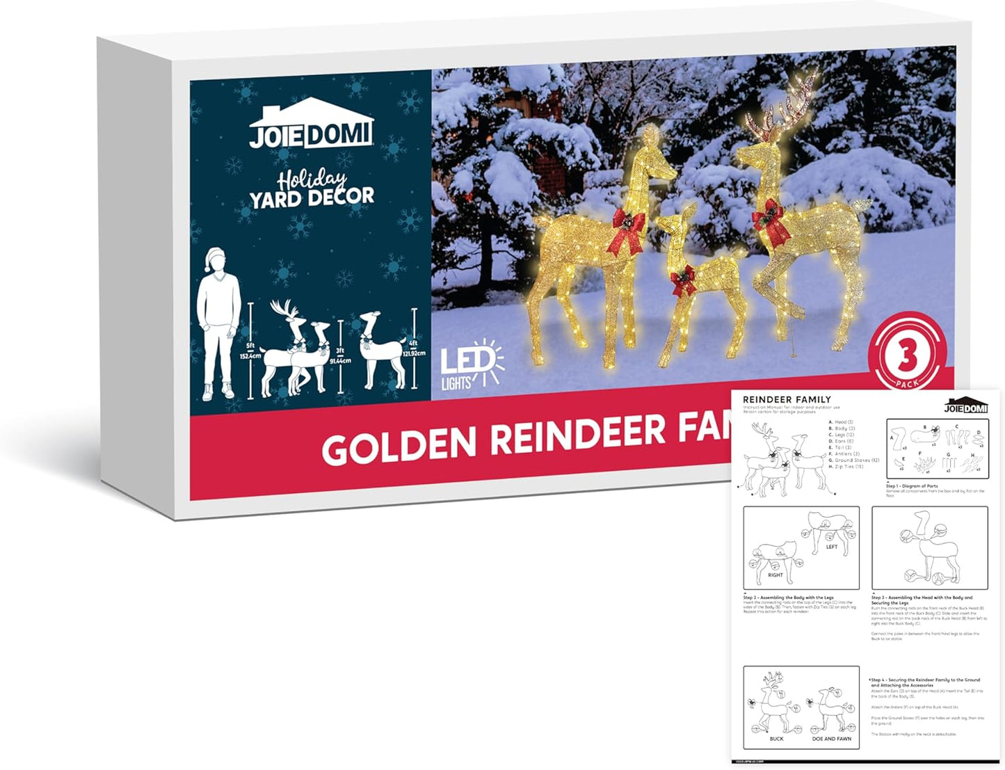 Joyfy 3 Pack Reindeer Christmas Outdoor Yard Light Decorations,360 LED Lights Deer Family for Christmas Outside Lawn Decor,Glod