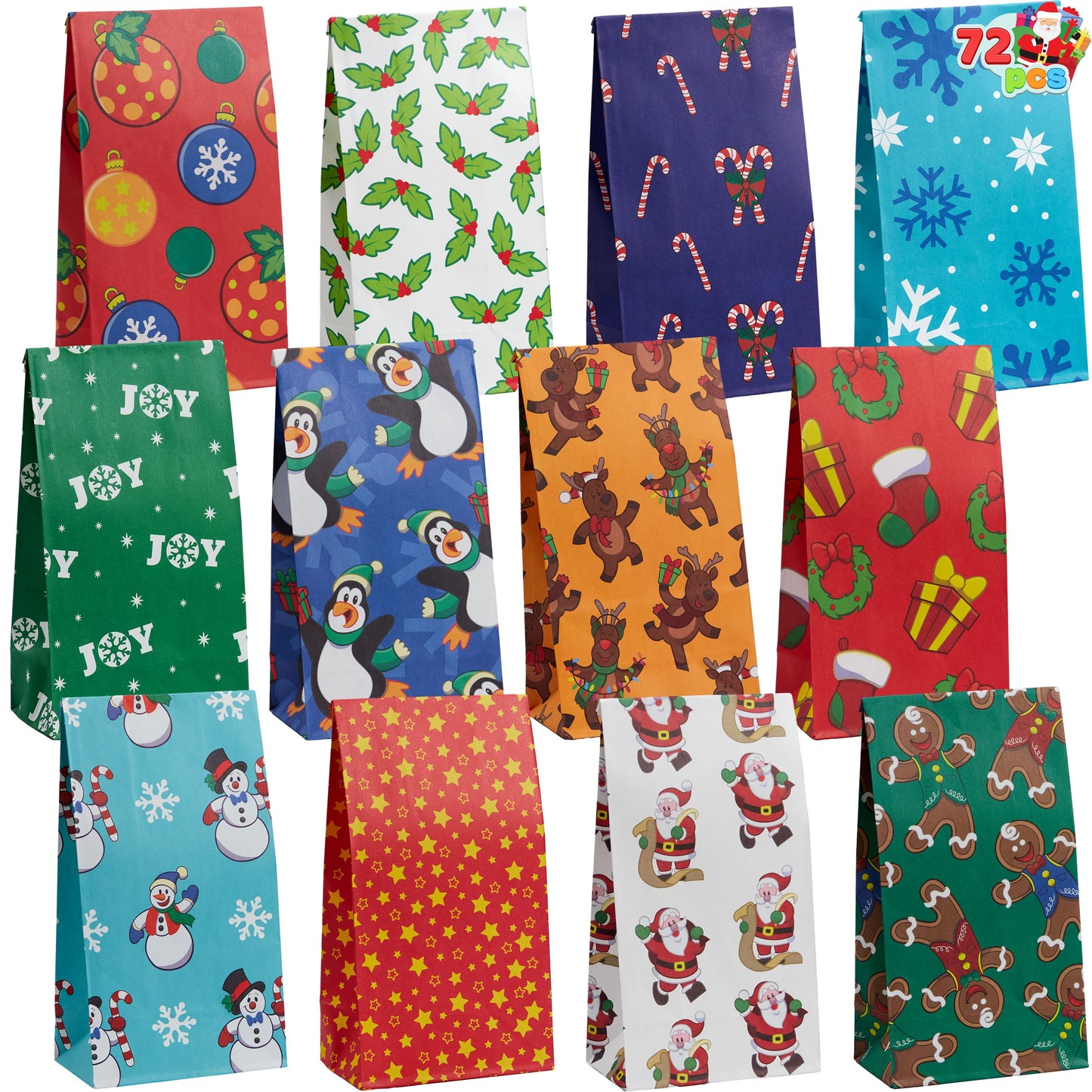 Joyfy 72 Pcs Christmas Holiday Gift Bags, 12 Assorted Christmas Designs Goodie Bags for Classrooms, Party Favors, Small Gift Bags, Kraft Bags and Christmas Craft Bags