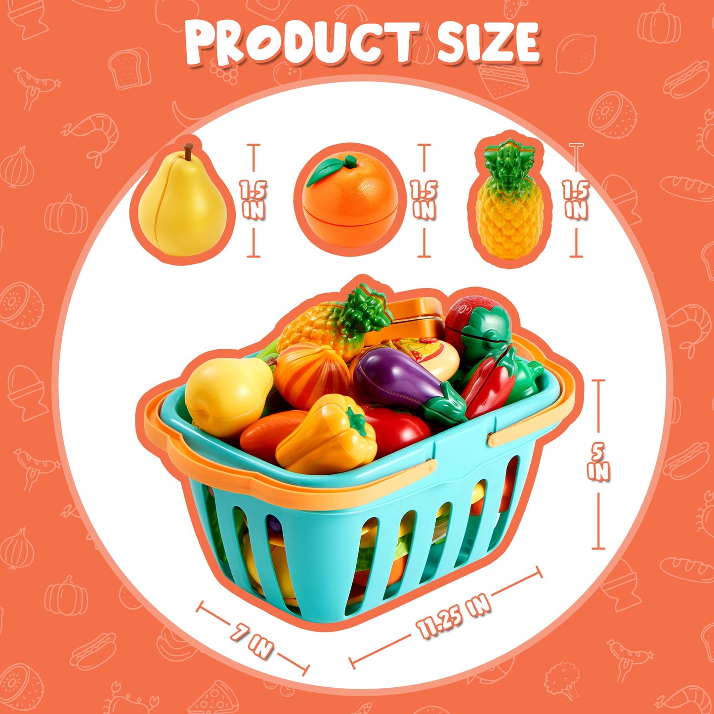 JOYIN 68 PCS Cutting Play Food Toy for Toddlers Kitchen, Fake Food for Kids Play Kitchen, Includes Plastic Fruit &Vegetables, Storage Basket, Mini Dishes and Knife, Pretend Play Toys, Toddler Gifts