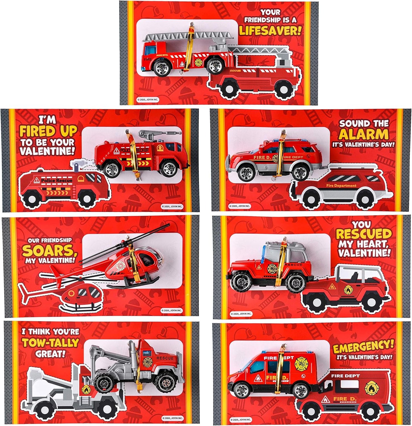 28 Packs Valentines Day Cards with DieCast Fire Rescue Vehicles Toys for Kids Valentine Party Favor, Classroom Exchange Prize and Gifts for Boys, Valentine’s Greeting Cards