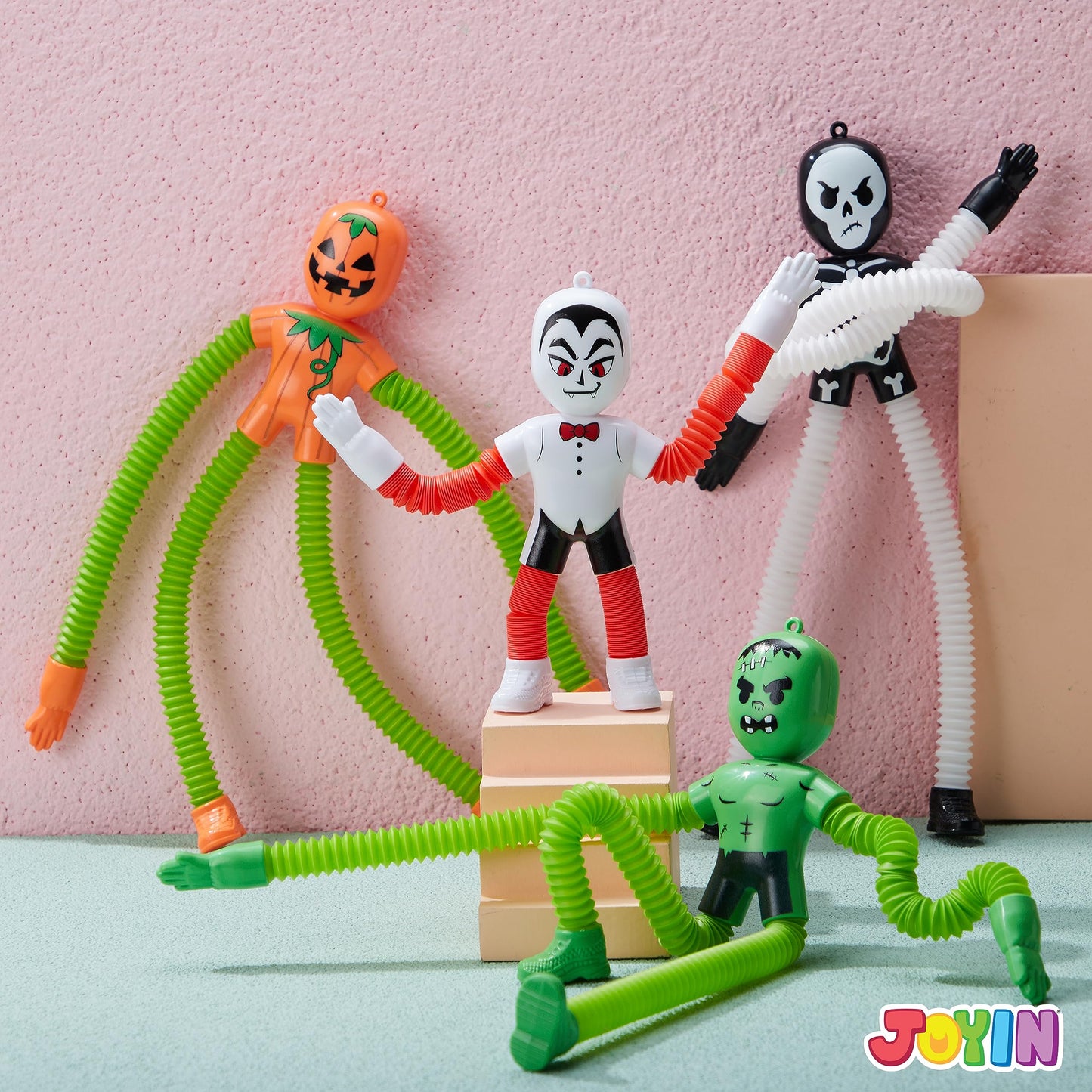 Syncfun 4 Pcs Halloween Sensory Stretchy Fidget Toys,Halloween Telescopic Pop Tube Toys Bulk for Party Favors,Halloween Goody Bag Fillers,Halloween Stretchy Toys for Classroom Prizes