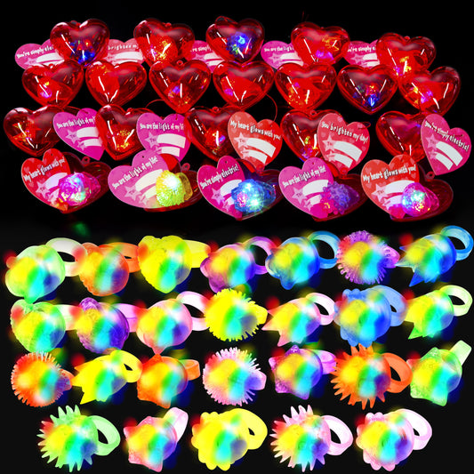 26 Packs Valentines Day Gifts Cards with Light Up Rings Filled Hearts for Kids, Valentine’s Day Glow In The Dark Finger Toys Rings for Boys and Girls Classroom Gift Exchange Game Prizes