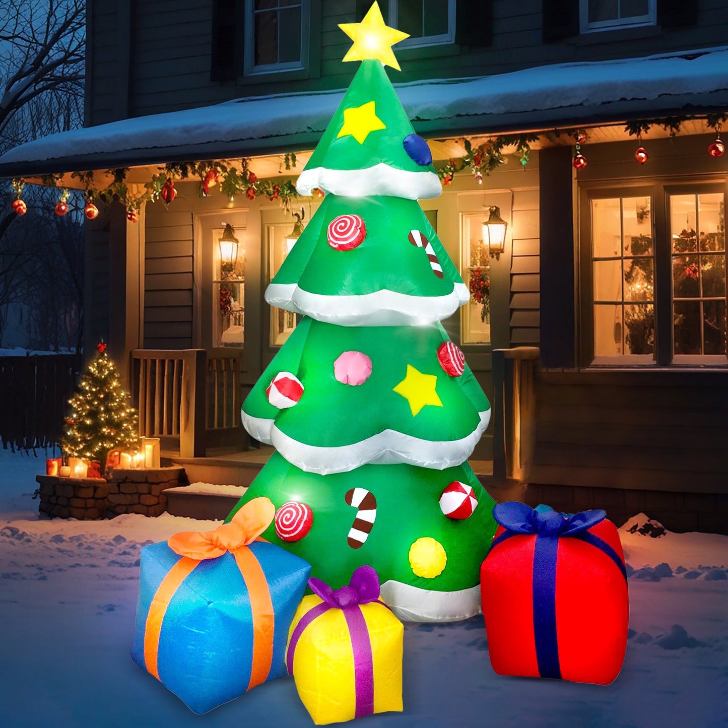 Joyfy 7 FT Christmas Inflatables Christmas Tree Outdoor Decorations,Giant Christmas Inflatable Tree with 3 Gift Boxes Blow Ups Yard with Built-in LEDs for Holiday Party Garden Lawn Decor