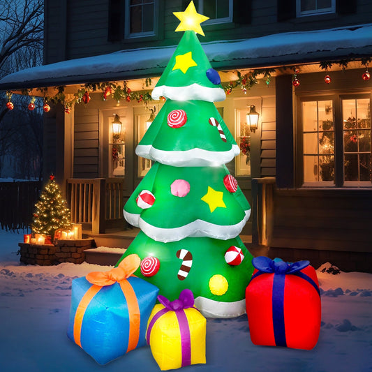 Joyfy 7 FT Christmas Inflatables Christmas Tree Outdoor Decorations,Giant Christmas Inflatable Tree with 3 Gift Boxes Blow Ups Yard with Built-in LEDs for Holiday Party Garden Lawn Decor