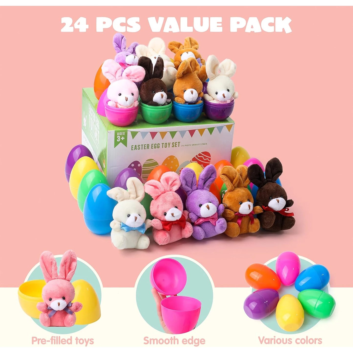 Joyfy 24 Pack Prefilled Easter Eggs with Toys,Easter Eggs with Mini Stuffed Animals Plush Bunnies Toys for Kids Toddler,Easter Basket Filler Egg Hunt Filler Stuffer