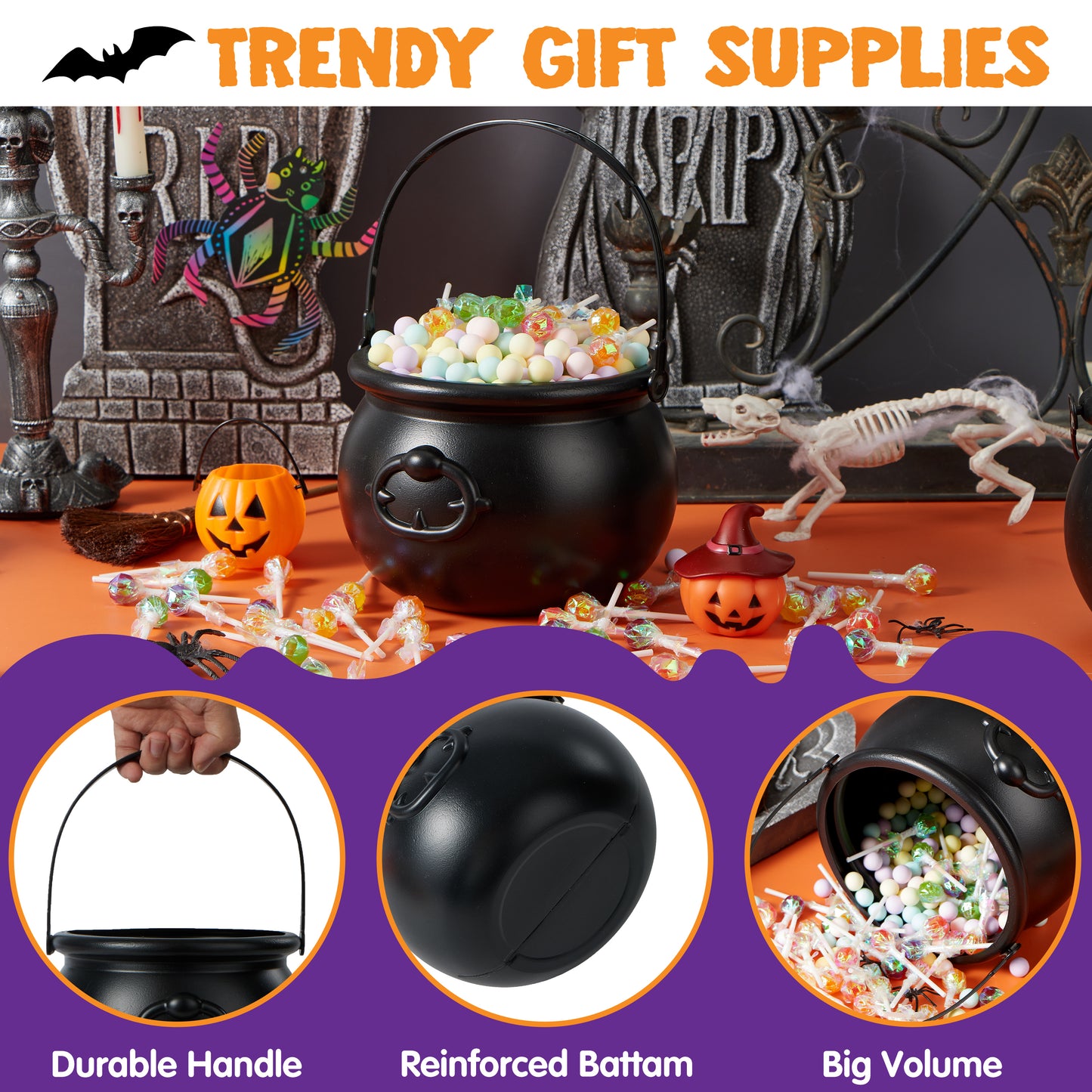Joyfy 1 Pack Halloween Cauldron with Handle,Large Halloween Candy Bucket Basket Candy Bowl Halloween Bucket Plastic Cauldron Trick or Treat Bucket