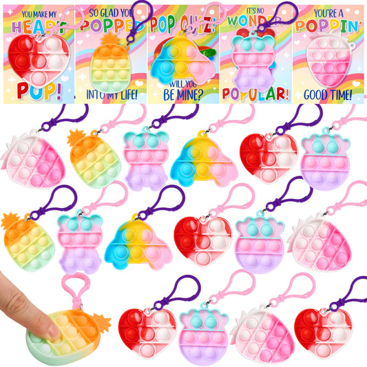 30 Packs Valentine’s Day 6-Design Gift Cards with Pop Bubble Keychains, Mini Colored Pop, Multi-Shape Stress Relief Fidget Toys for Kids Valentine's Party Favors and Classroom Gift Exchange