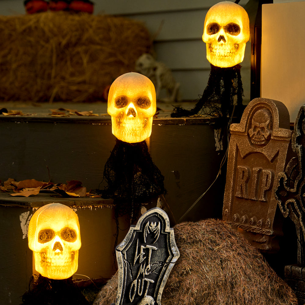 Joyfy 3 Pack Halloween Light up Skeleton Outdoor Decorations,Halloween Graveyard Spooky Skull Stakes Pathway Lights for Halloween Yard Decor