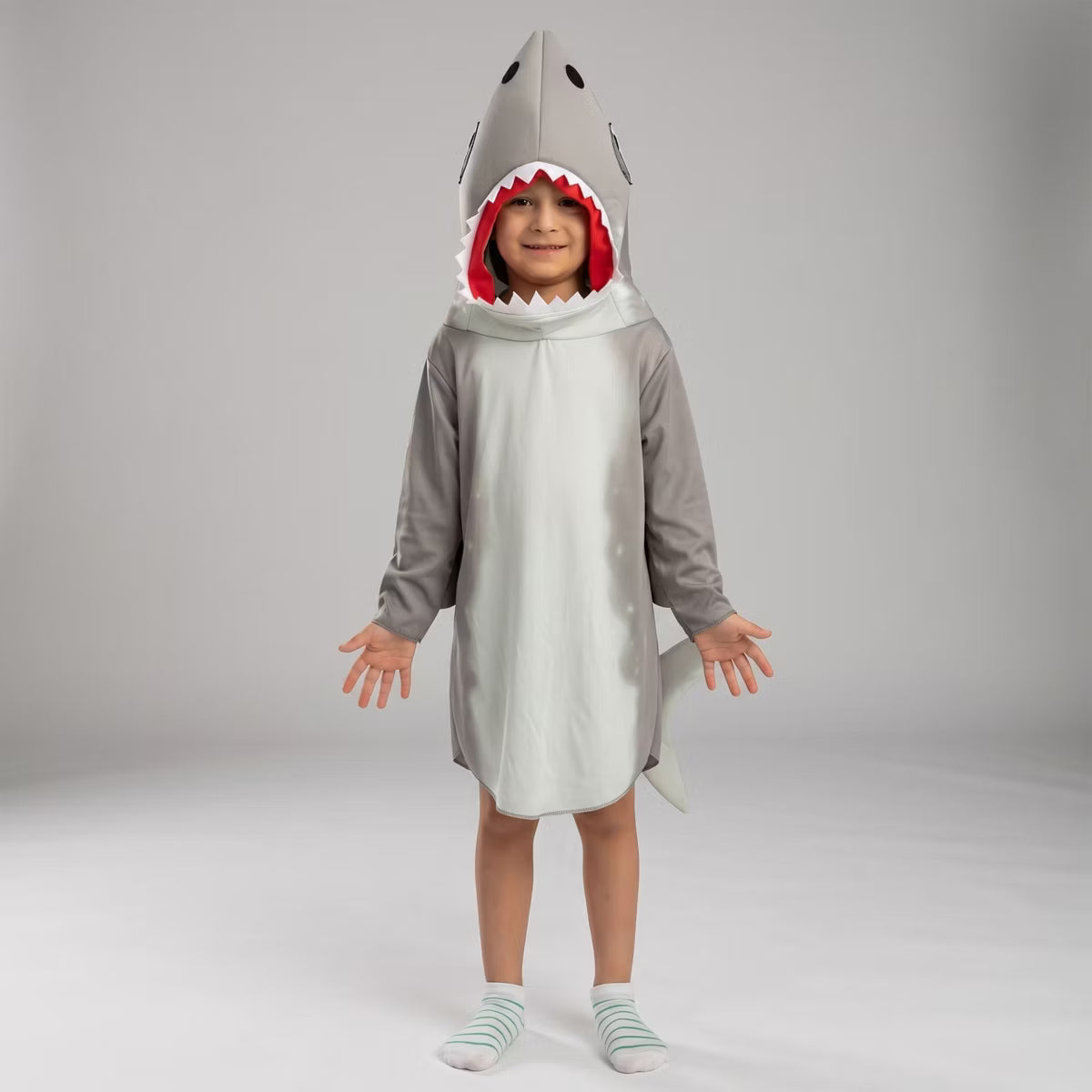 Joyfy Halloween Costume Shark Suit for Kids, Gray Plush Jumpsuit with Fin & Tail for Toddler – Shark Outfit for Boys Dress Up Party - 3T