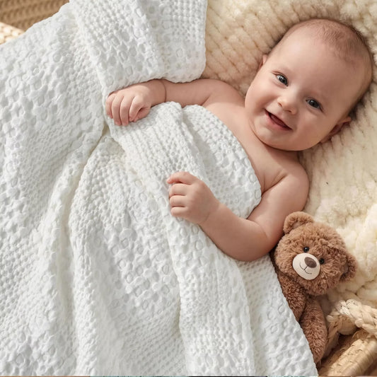 Soft White Waffle Baby Blanket, Breathable Turkish Cotton of Rayon Derived from Bamboo for Boys and Girls, Luxuries Throw for Bed, Couch and Sofa