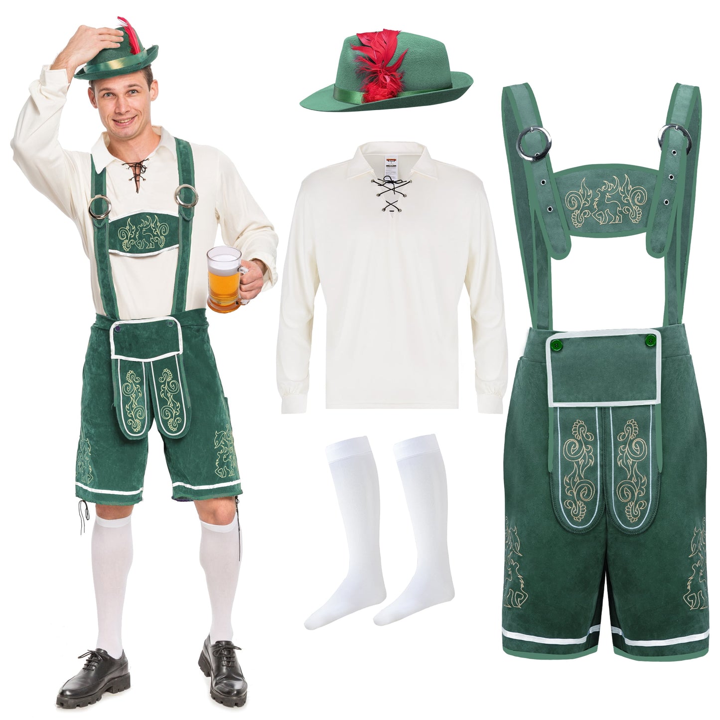 Joyfy Mens German Bavarian Oktoberfest Costume Set, Beer Costume Hat for Adults Halloween Fancy Dress Costumes and Beer Festival
