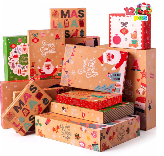 Joyfy 12 Pcs Christmas Paper Gift Boxes 3 Assorted Sizes with Lids, Base, Xmas Shirt Wrap Box, Holiday Present Box for Birthday Party Favors Decorations Gift Wrapping