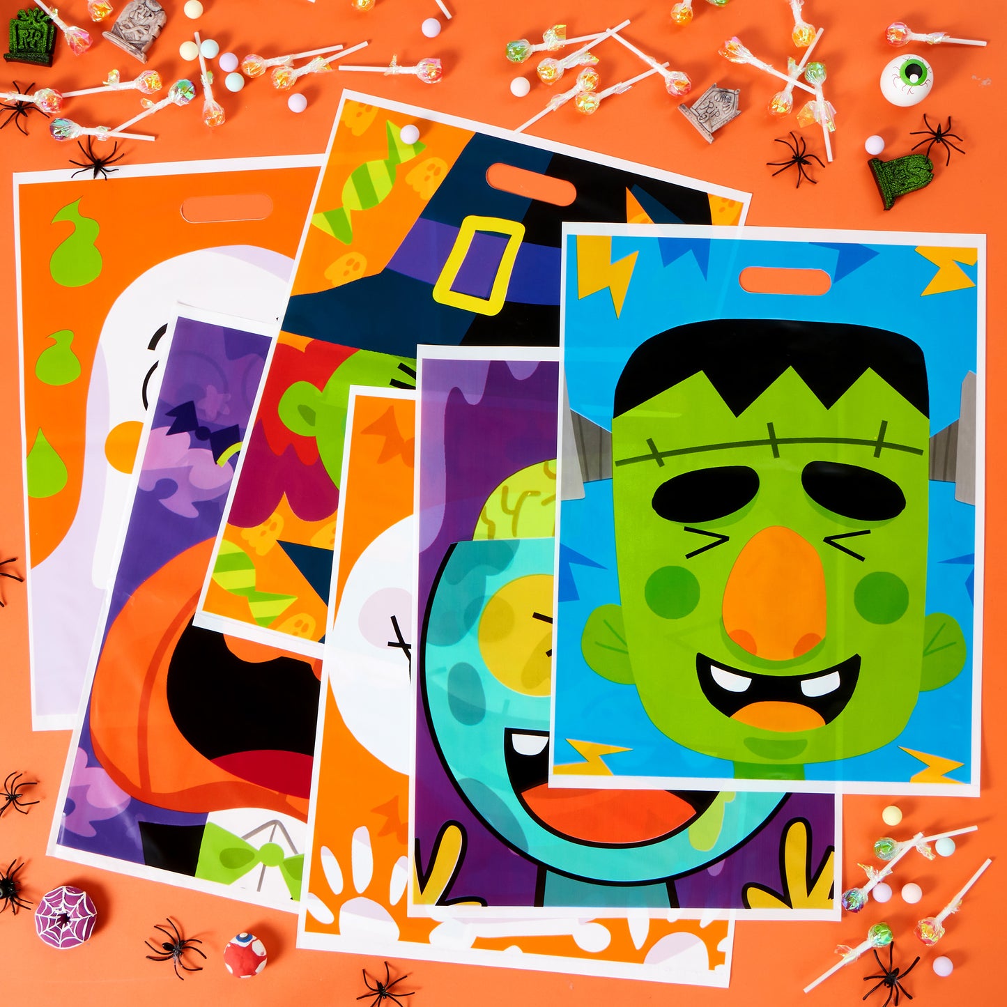 SYNCFUN 72 Pcs Halloween Treat Bags Goodie Bags Plastic Halloween Candy Bags Trick or Treat Creepy Designs Halloween Bags for Kids Trick or Treat,Classroom Goody Bags