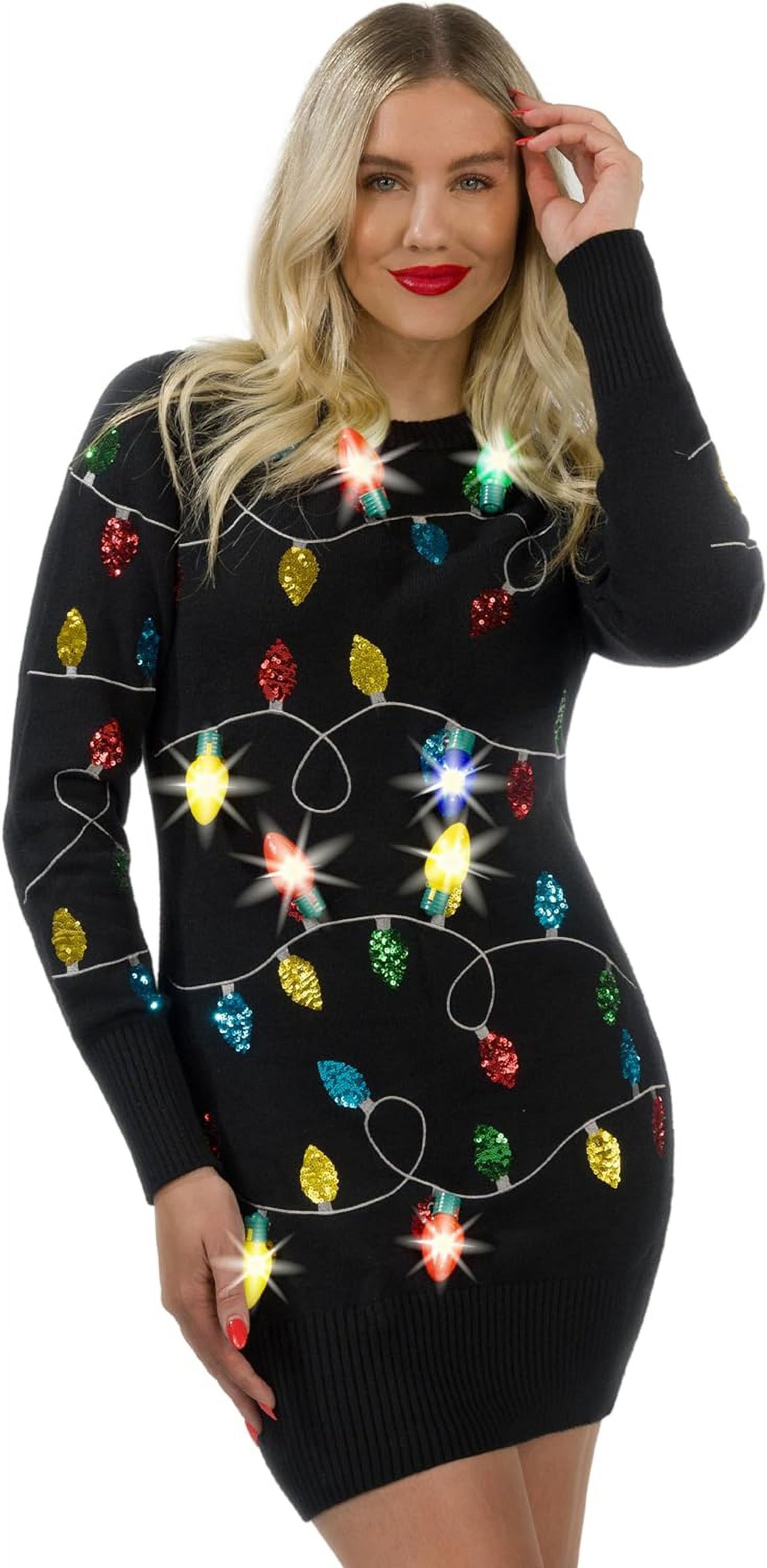 SYNCFUN Light Up Christmas Sweater Dress,Ugly Christmas Sweaters for Women,Funny Black Long Christmas Dress for Women 2024