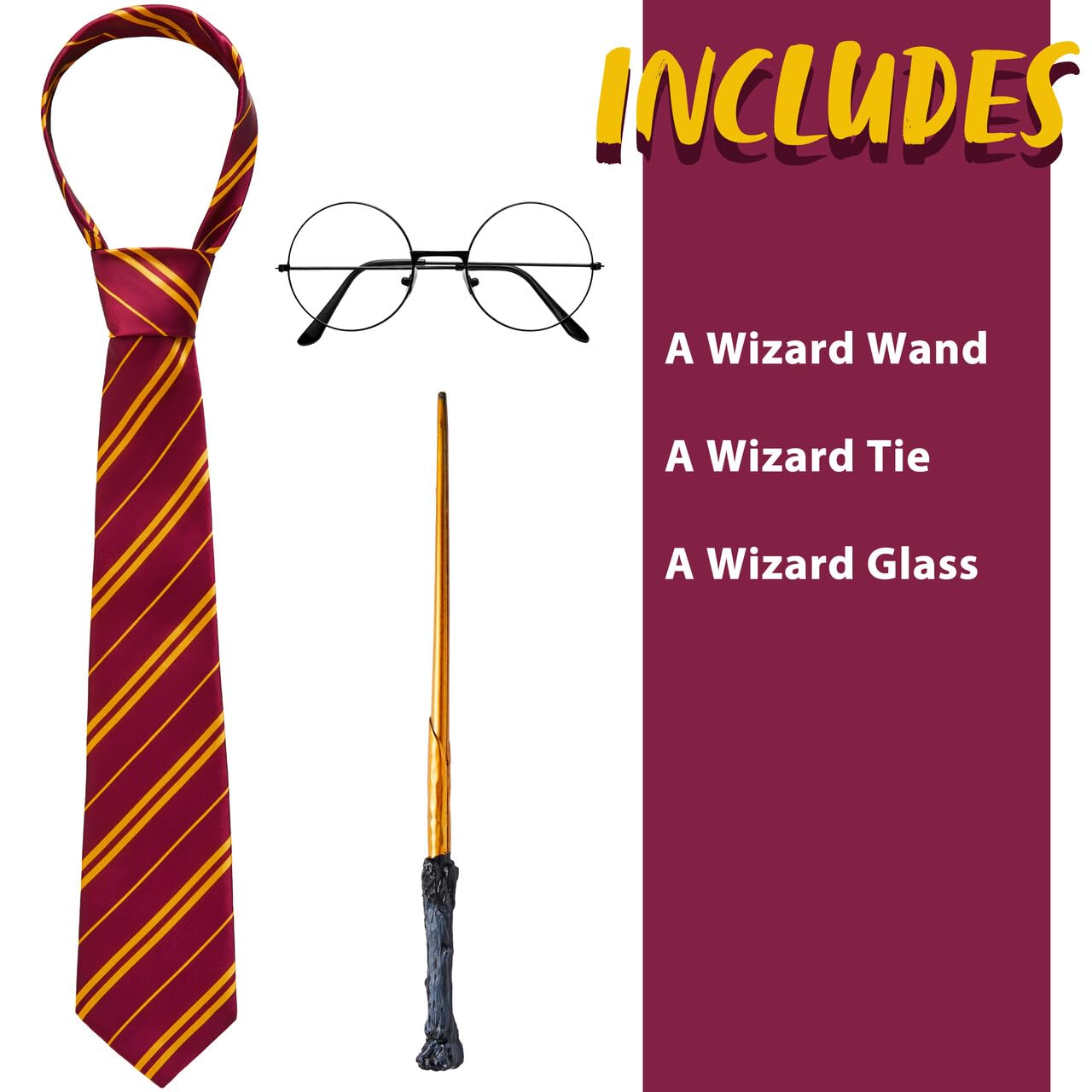Syncfun 3 Pcs Halloween Wizard Costume Accessories Set with Glasses Tie Wand,Cosplay Accessories for Kids and Adults Dress Up