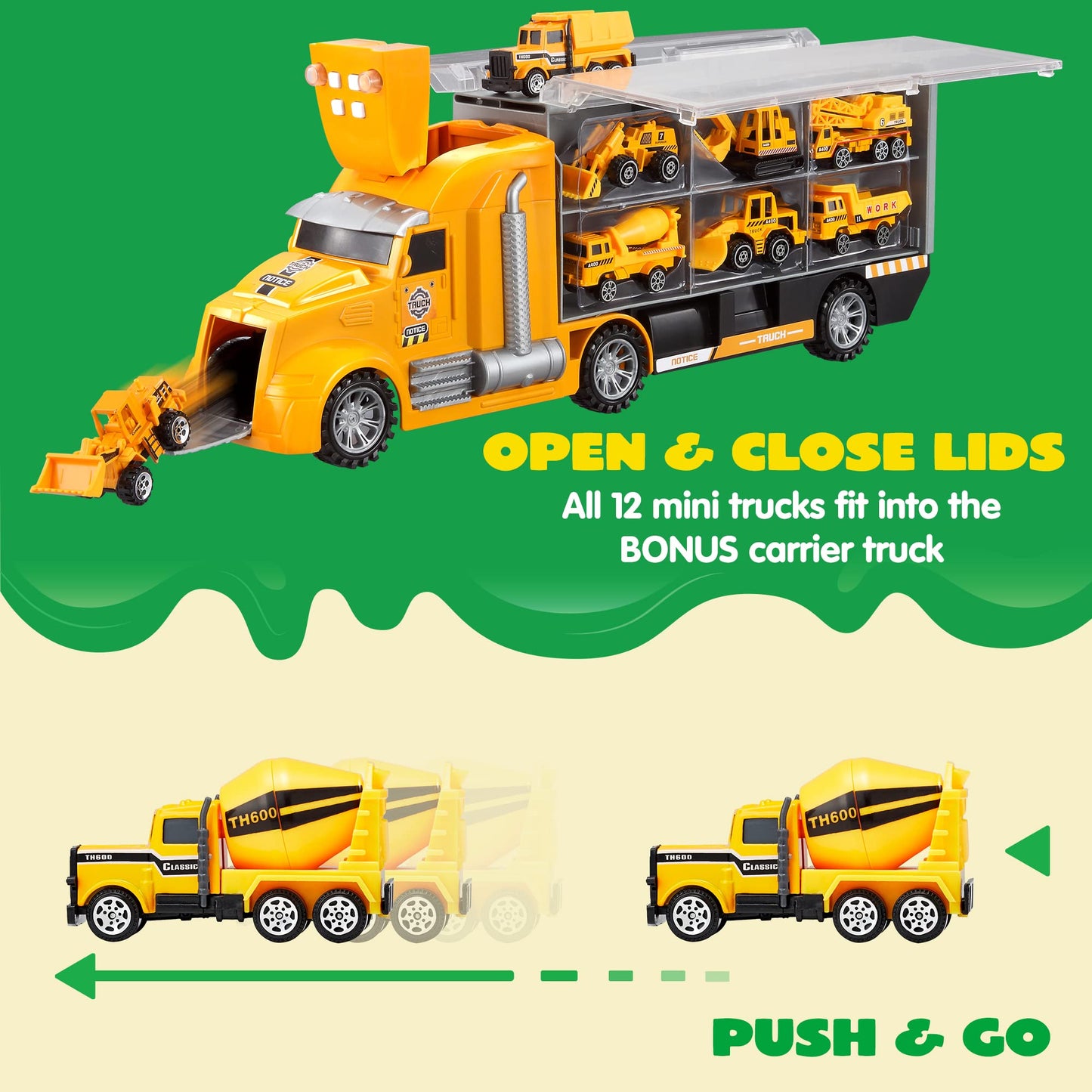 Syncfun 25 in 1 Die-cast Construction Play Vehicle Set, Vehicles with Sounds and Lights in Carrier Truck, Push and Go Car Toy, Kids Birthday Gifts for 3 4 5 6 Years Old Boys