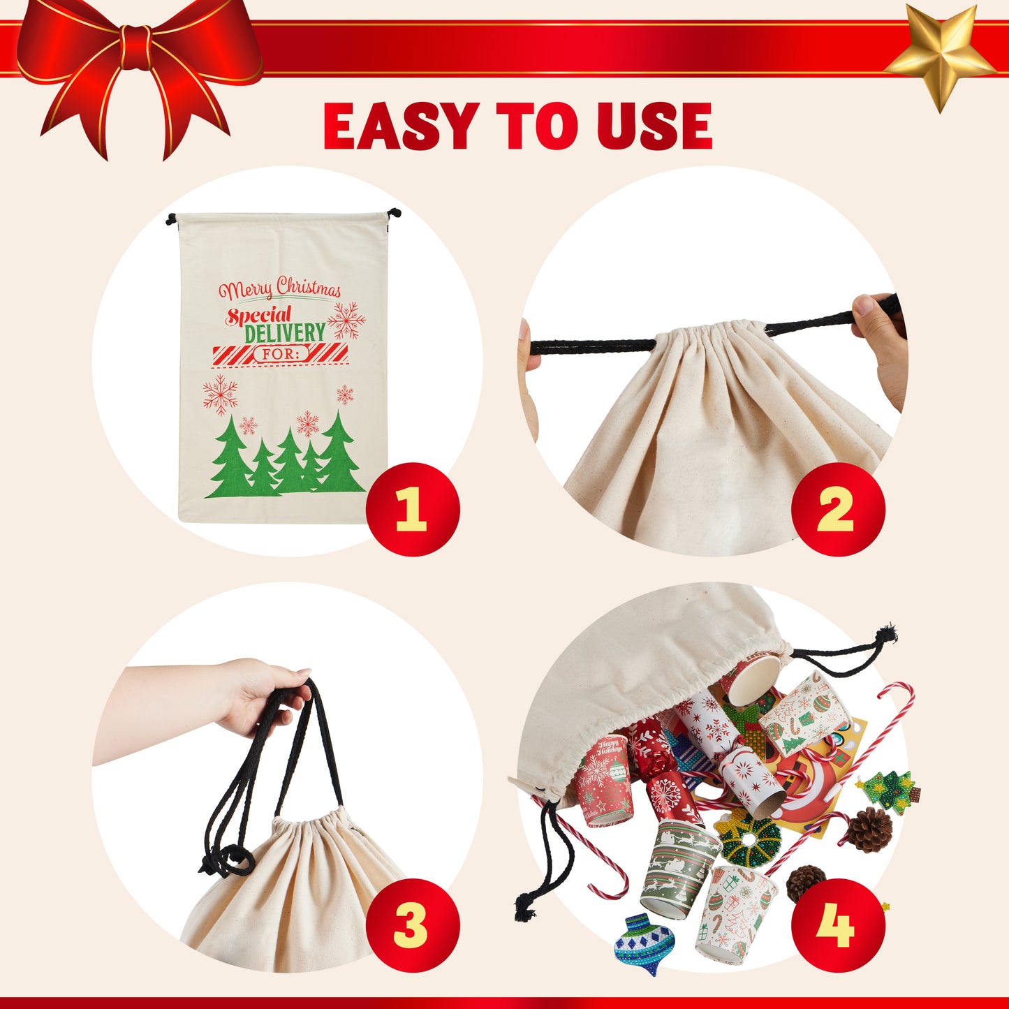 Joyfy 3 Pcs Present Bags, Santa Burlap Sack with Drawstring 26" x 19" for Large Xmas Package Storage,Christmas Large Gift Bags