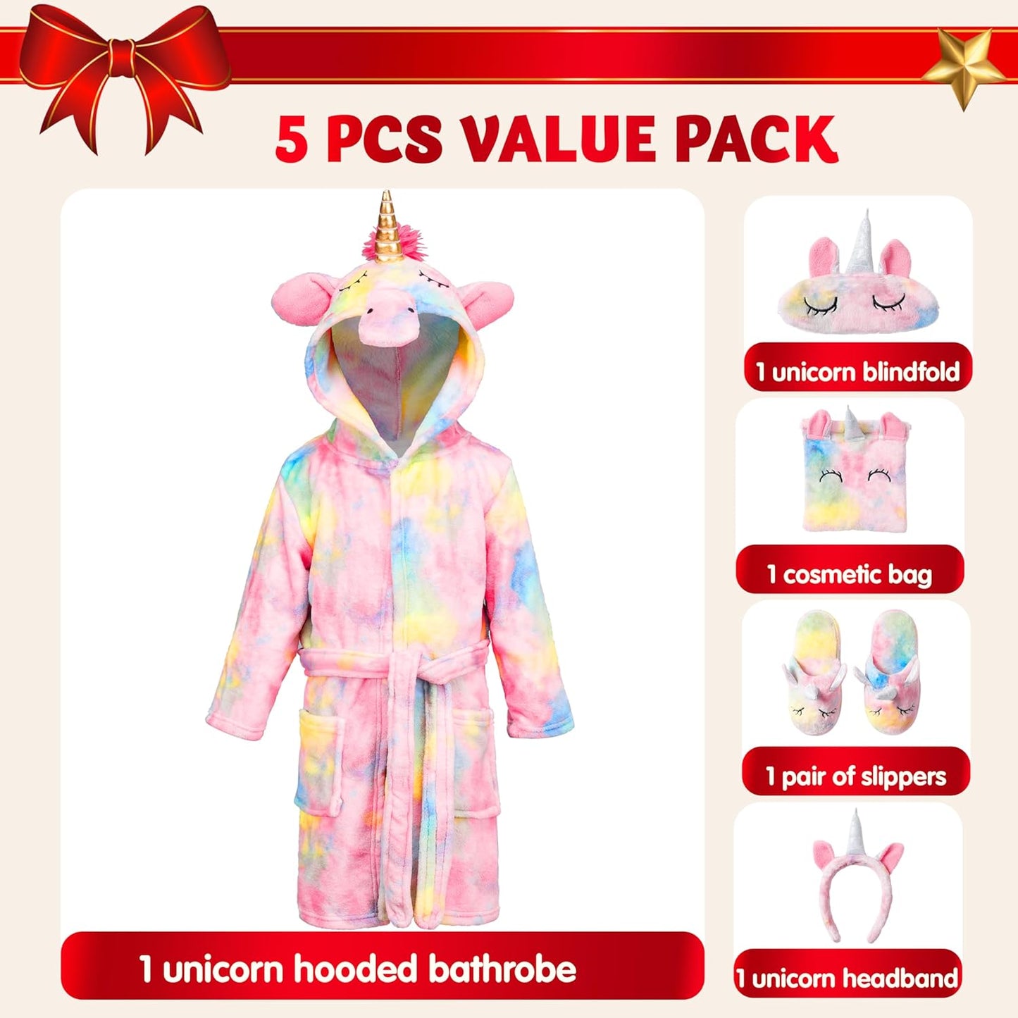 Joyfy 5 Pcs Unicorn Girls Robe Set,Soft Kids Pajamas Hooded Robe with Matching Slippers Headband Cosmestic Bag and Blindfold for Girls 5 6 7 8 9 10 Years