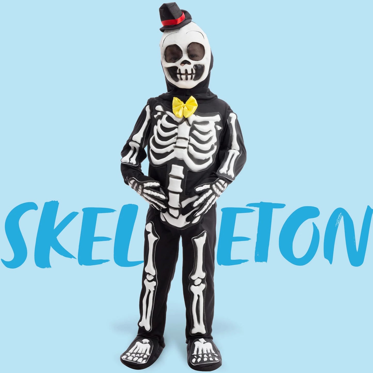 SYNCFUN Glows in the Dark Skeleton Costume for Kids, Black Skelebones Jumpsuit, Bone Halloween Costume Dress up