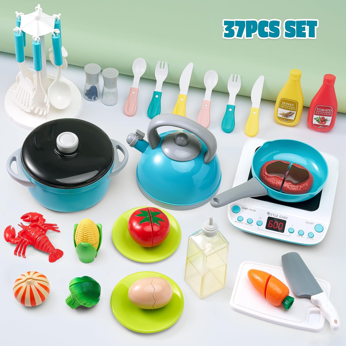 JOYIN 37Pcs Kids Kitchen Playset, Pretend Play Cooking Toy Set Including Pots and Pans, Play Food, Cutting Vegetables, Gifts for Toddler Boys Girls Ages 1-8