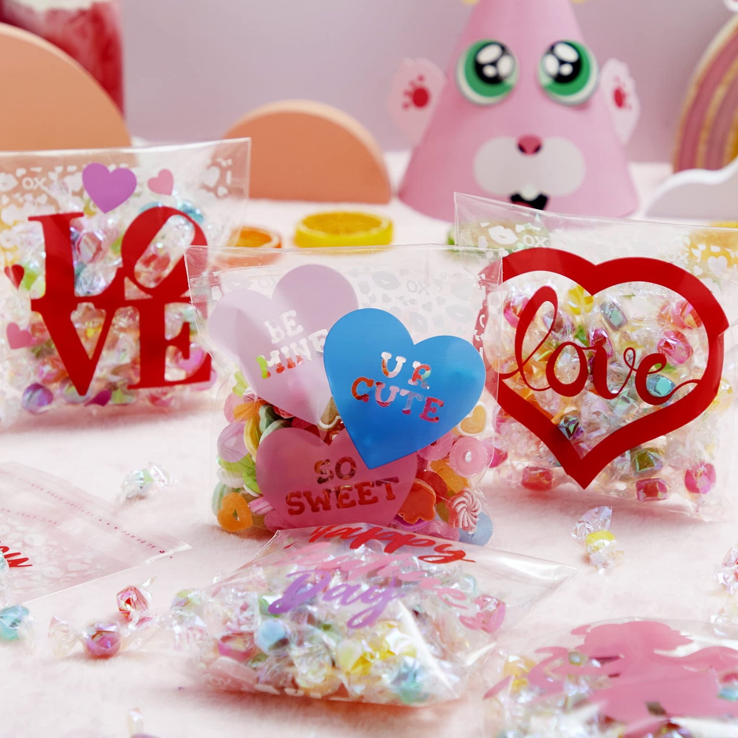 150 Pcs Valentine Cellophane Gift Bags Square Cellophane Candy Bags Valentine Goodies Bags in 6 Designs for Kids Valentine's Day Party Favor Supplies