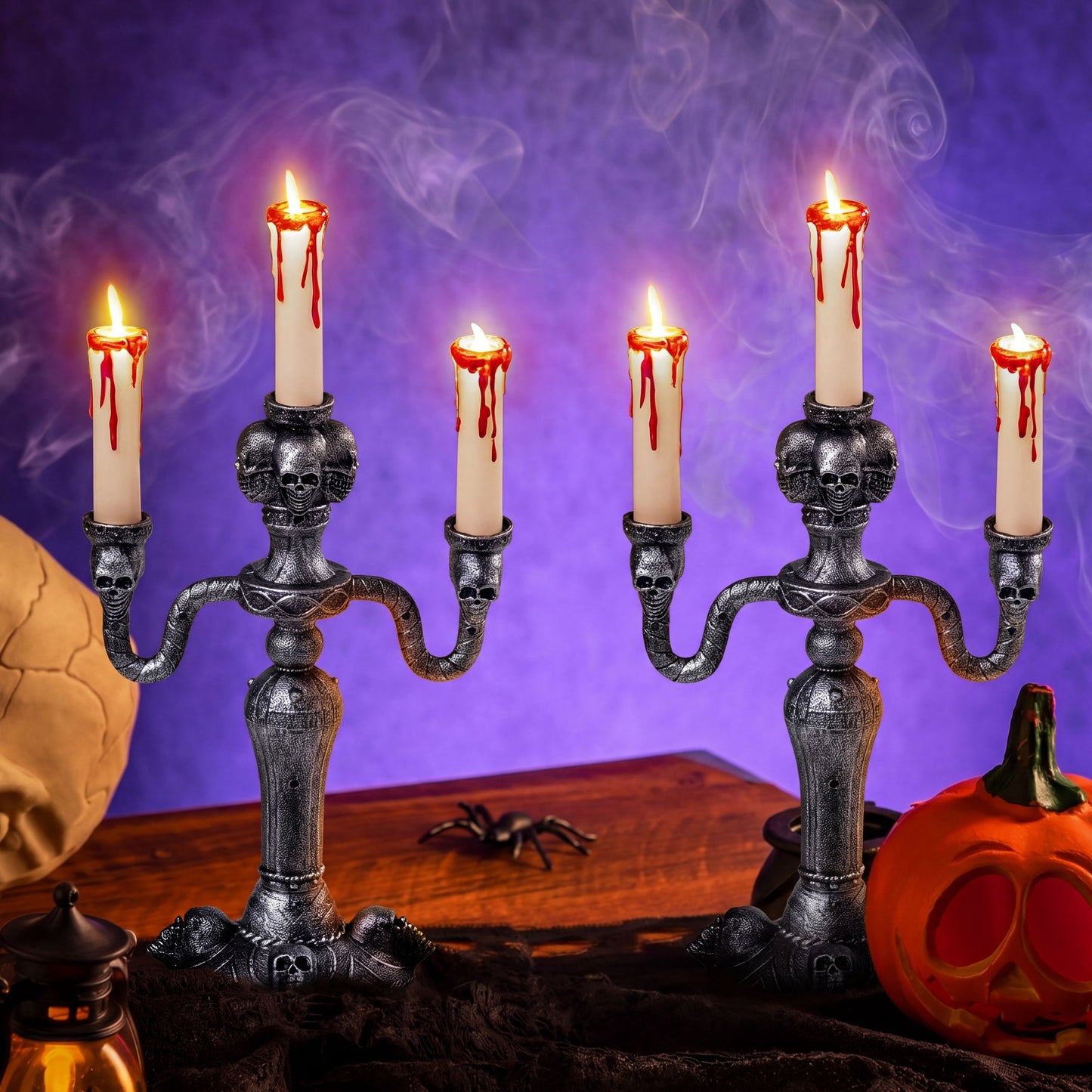 Joyfy Halloween Decorations Indoor,2Pcs Skull Holder with Flameless LED Candles,Spooky Candelabra for Haunted Mansion Table,Scary Party Supplies for Home