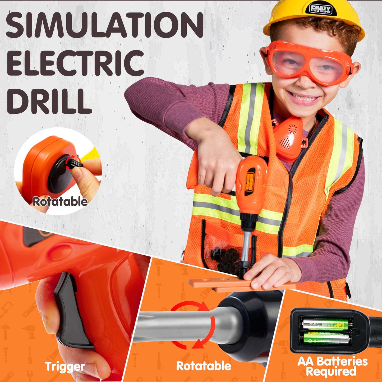 Workbenches with Construction Worker Hat Costume & Electronic Toy Drill, (19 Pieces)