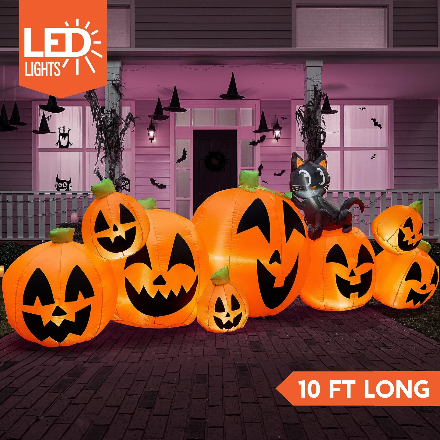 Syncfun 10 FT Halloween Inflatable Long Pumpkin with Witch's Cat Decorations Inflatables with Build-in LEDs,Halloween Decor Outdoor Blow Up Yard Decorations