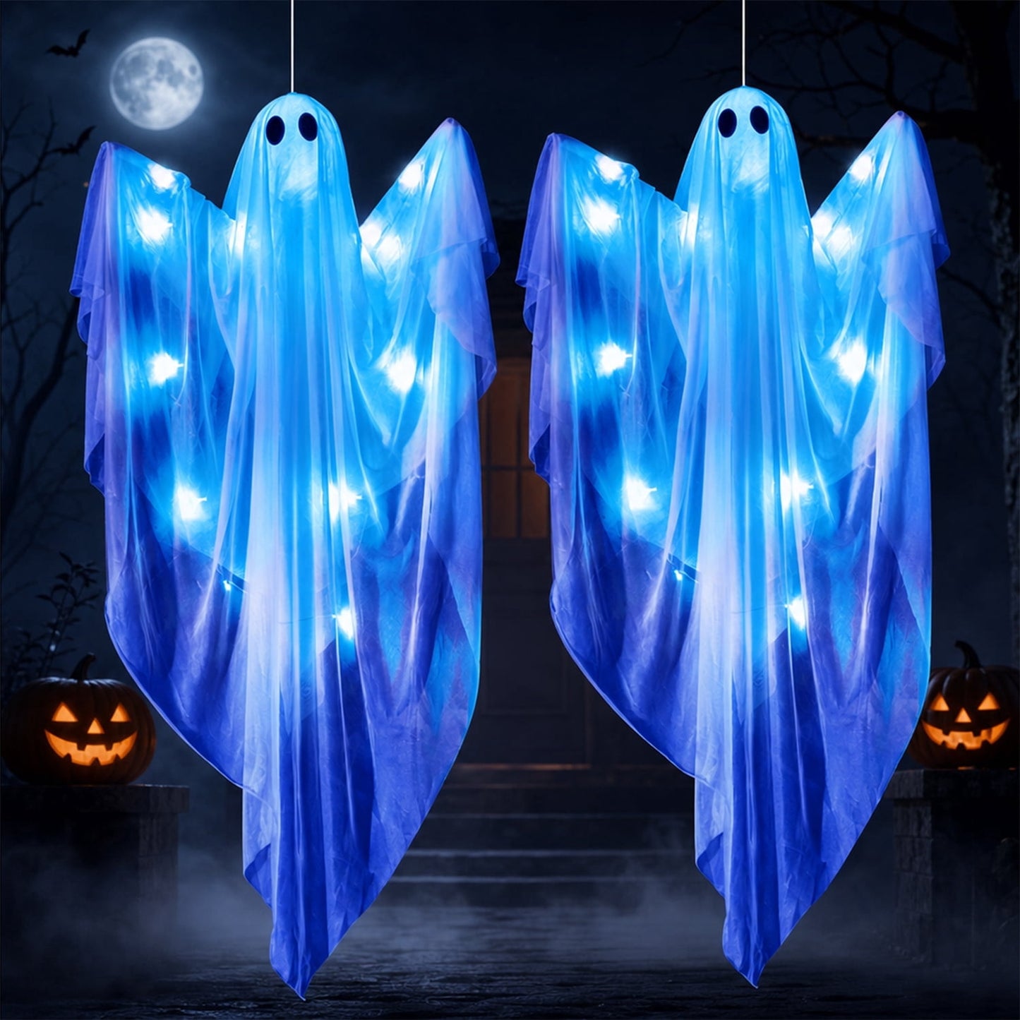 Joyfy 2 Pcs 47 Inch Hanging Ghosts Halloween Decor,Halloween Light up White Ghosts with Spooky Blue LED Light,Halloween Outdoor Yard Porch Decorations,Haunted House Decorations