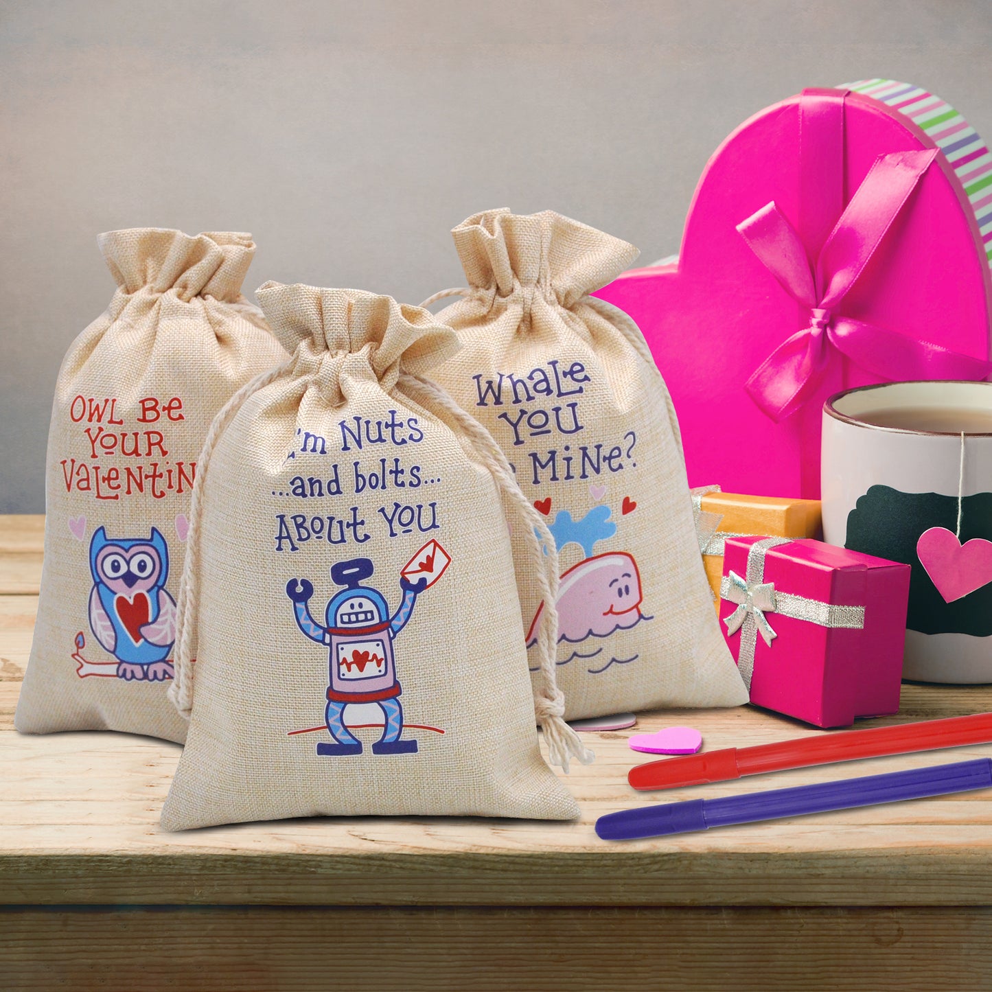 28 Pcs Valentine Drawstrings Canvas Bags with 3 Pens, 4x5.75 Inch Drawstring Pouch Candy Gift Linen Pockets for Kids Party Favor, Classroom Exchange Prizes
