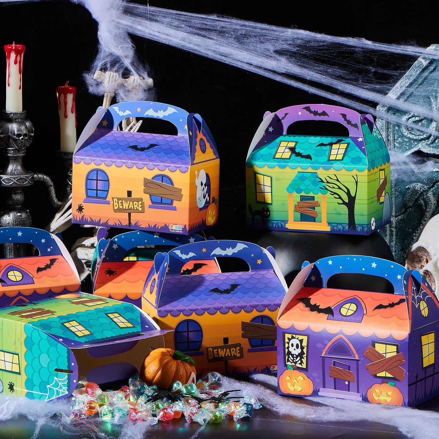 Joyfy 24 Pcs Halloween Treat Boxes,Cardboard Paper Halloween Candy Boxes with Carry Handles,Halloween Candy Boxes Party Favors,Cookies Goodie Bags