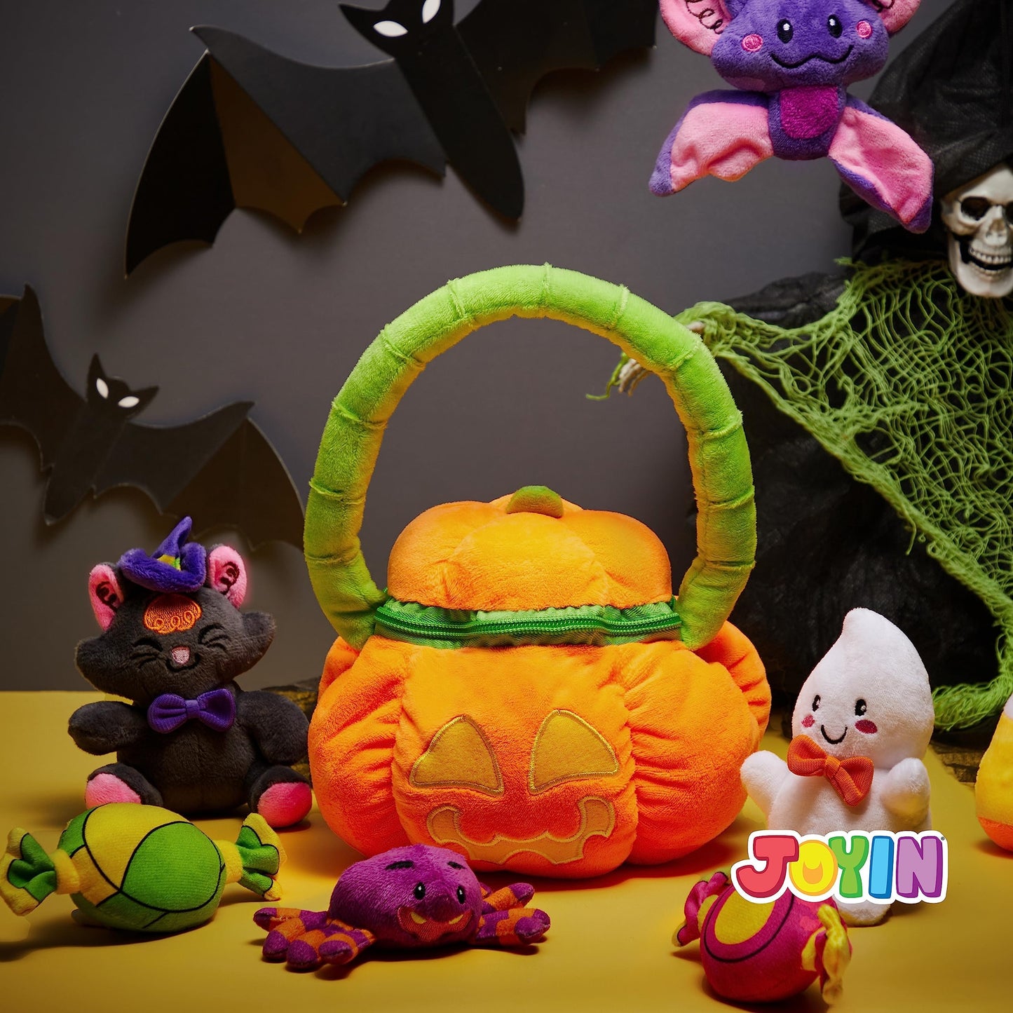 Joyfy 8 Pcs Halloween Basket with Stuffed Plush,Halloween Gift Basket Stuffers for Baby Kids Toddler,Halloween Toys,Halloween Pumpkin Decorations