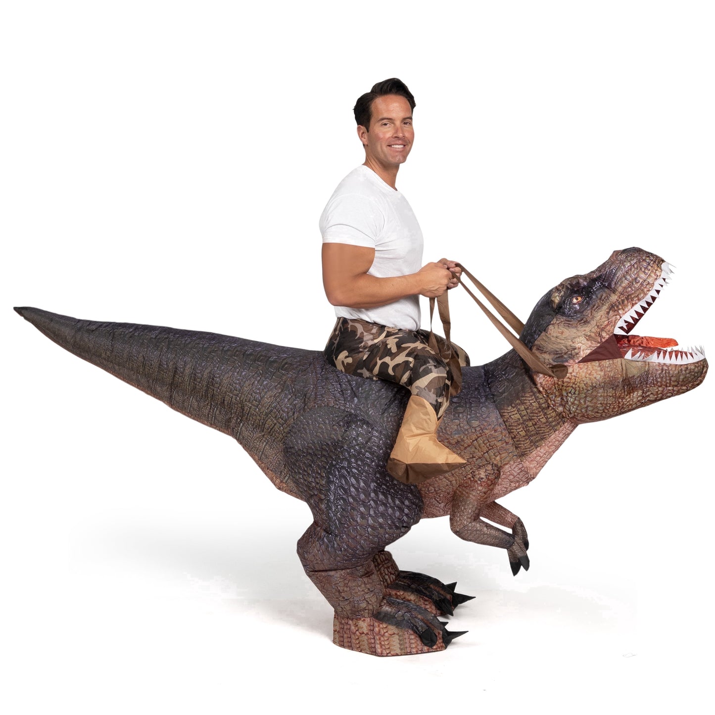 Joyfy Inflatable Dinosaur Costume for Adults, Brown Digital Printed Ride-On T-Rex Costume for Halloween Dress Up Party