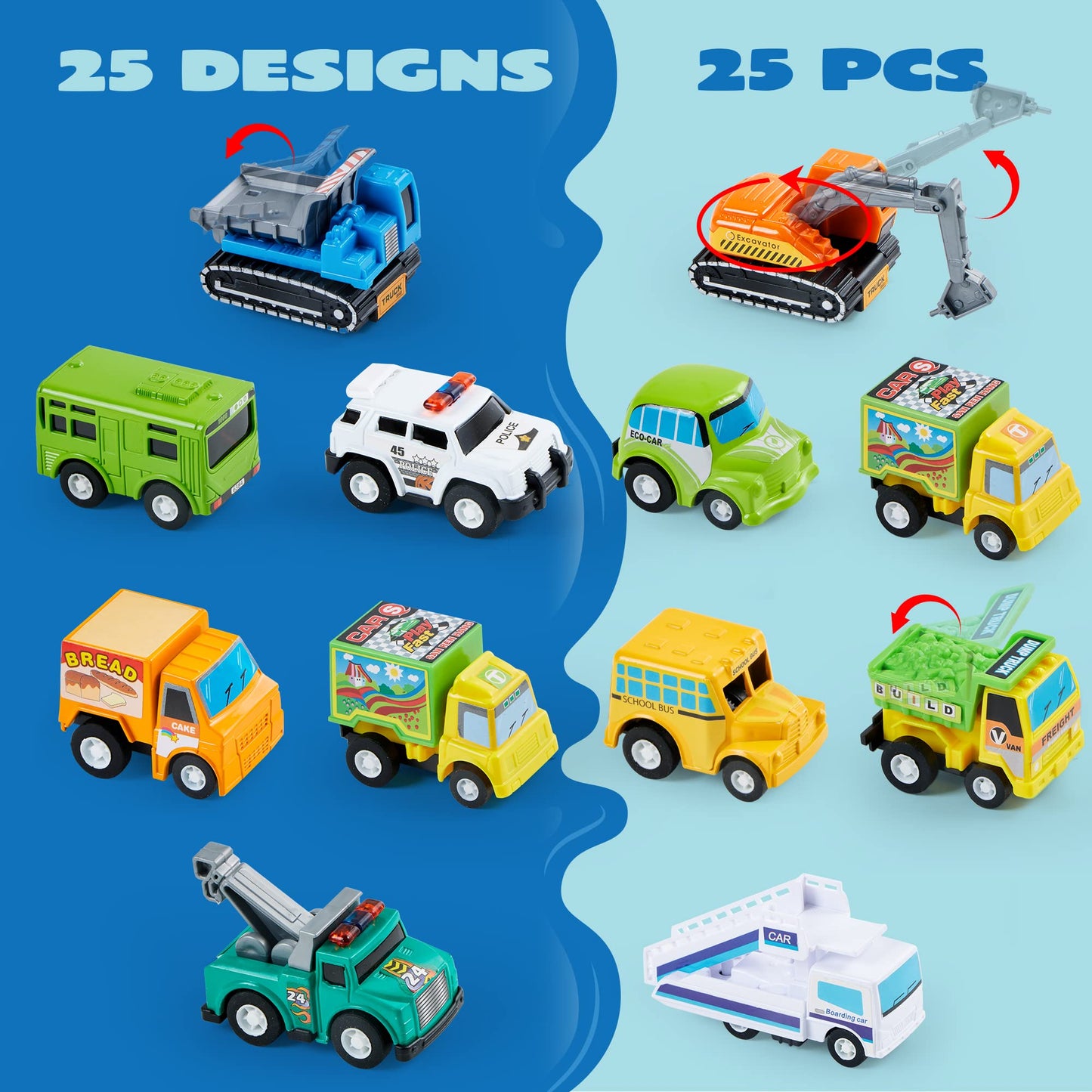 Syncfun 25 Pcs Kids Toy Cars Bulk, Pull Back Cars and Trucks Play Vehicles Set, Mini Excavator Party Favors Birthday Gift for Boys and Girls