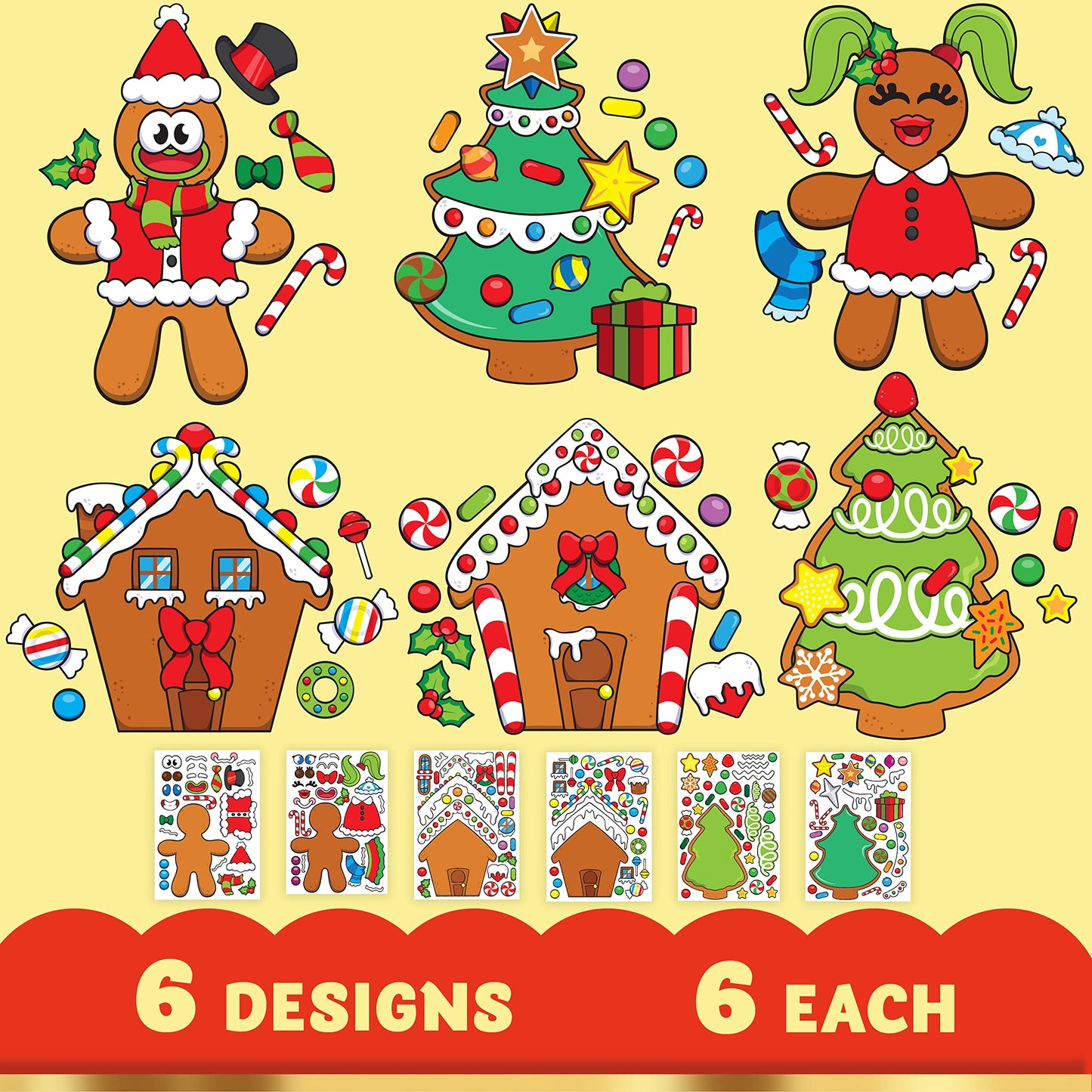 SYNCFUN 36 Pcs Christmas Make-a-face Sticker Sheets for Kids, Make Your Own Christmas Gingerbread Sticker Series and Trees Sticker Sheets for Kids Party Favors Christmas Craft