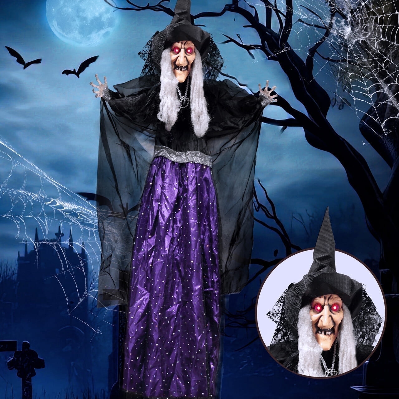 Joyfy 47 Halloween Decorations Outdoor,Life Size Animated Witch Scary Decorations Halloween Motion Activated Witch with LED Eyes & Sound,Haunted House Decor