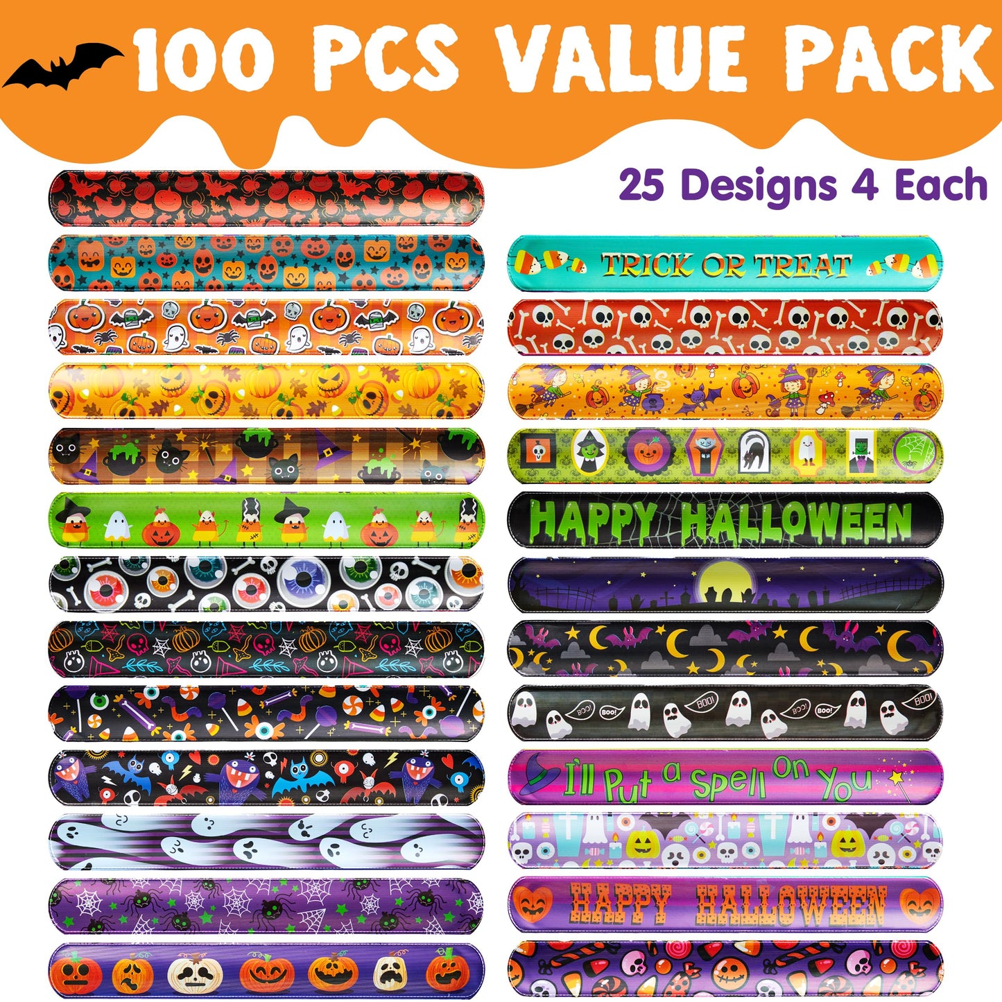 SYNCFUN 100 Pcs Halloween Slap Bracelets for Kids,Halloween Toys Bulk with Spider,Pumpkins,Animal Print for Prizes Gift Trick or Treat Party Favors,Halloween Crafts for Kids,Classroom Favors