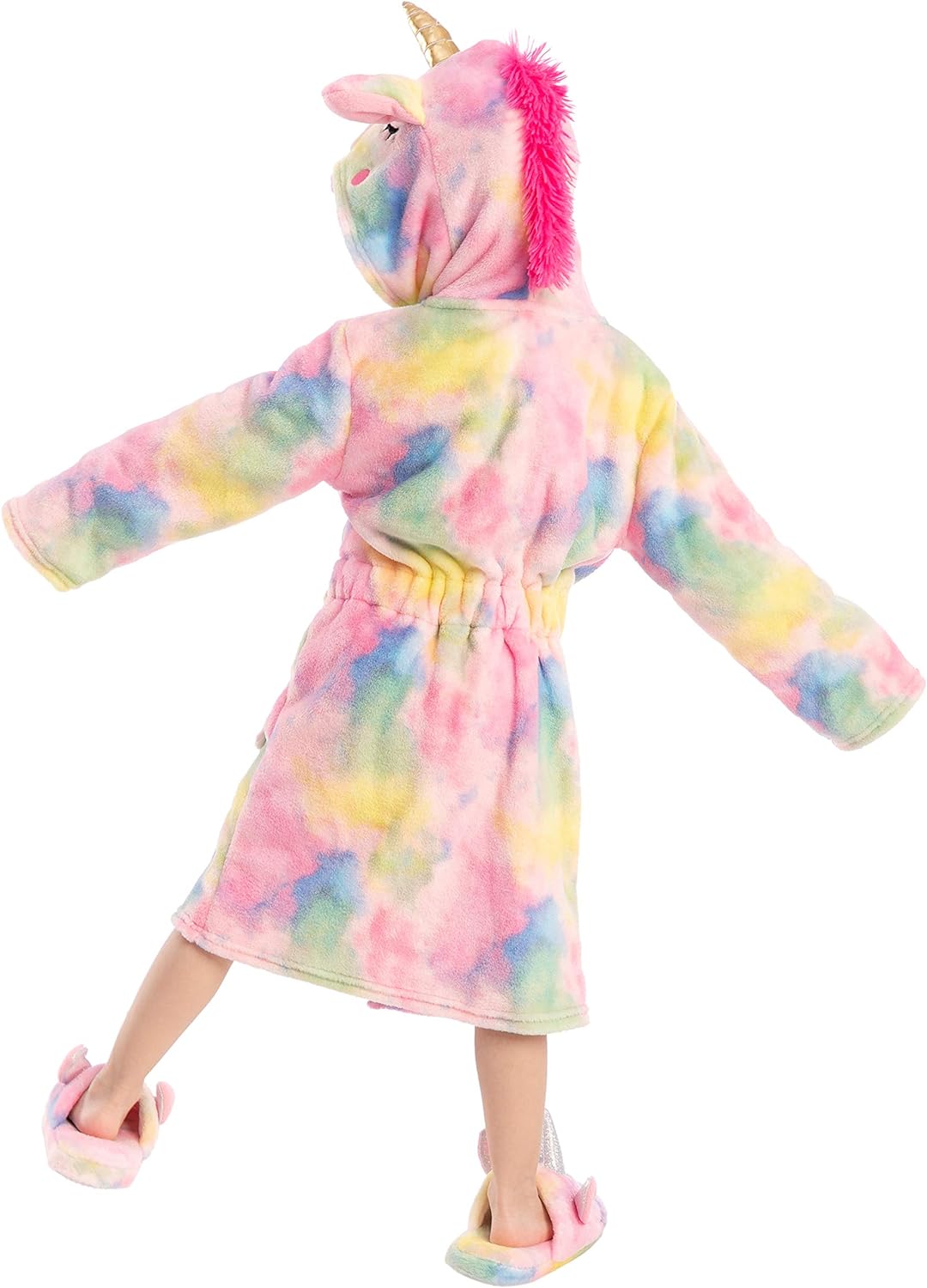 Joyfy 5 Pcs Unicorn Girls Robe Set,Soft Kids Pajamas Hooded Robe with Matching Slippers Headband Cosmestic Bag and Blindfold for Girls 5 6 7 8 9 10 Years