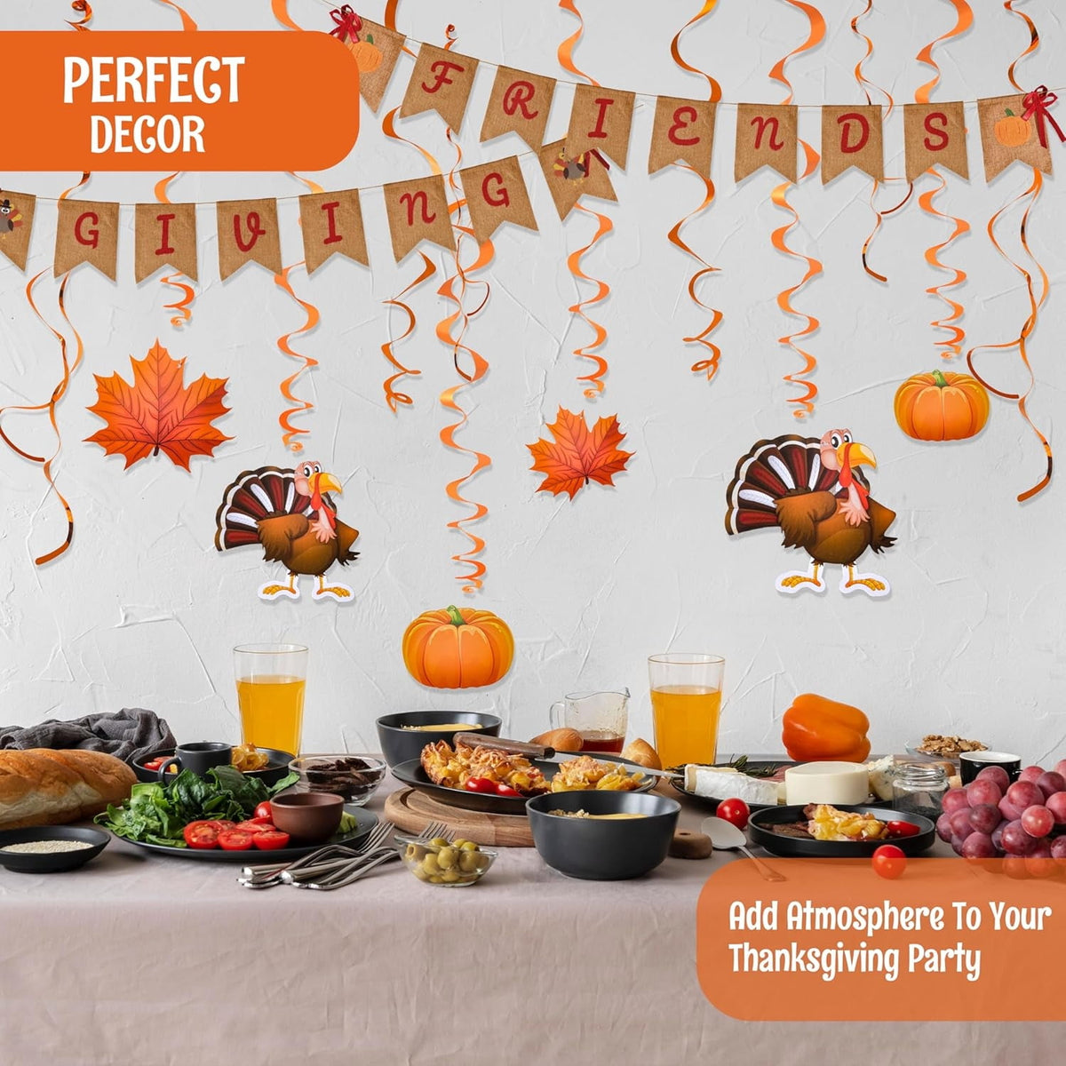 Joyfy Thankgiving Decoration Set Including 2 Banner Hanging Garland, 6 Foil Swirls with Decorative Hanging Cutouts