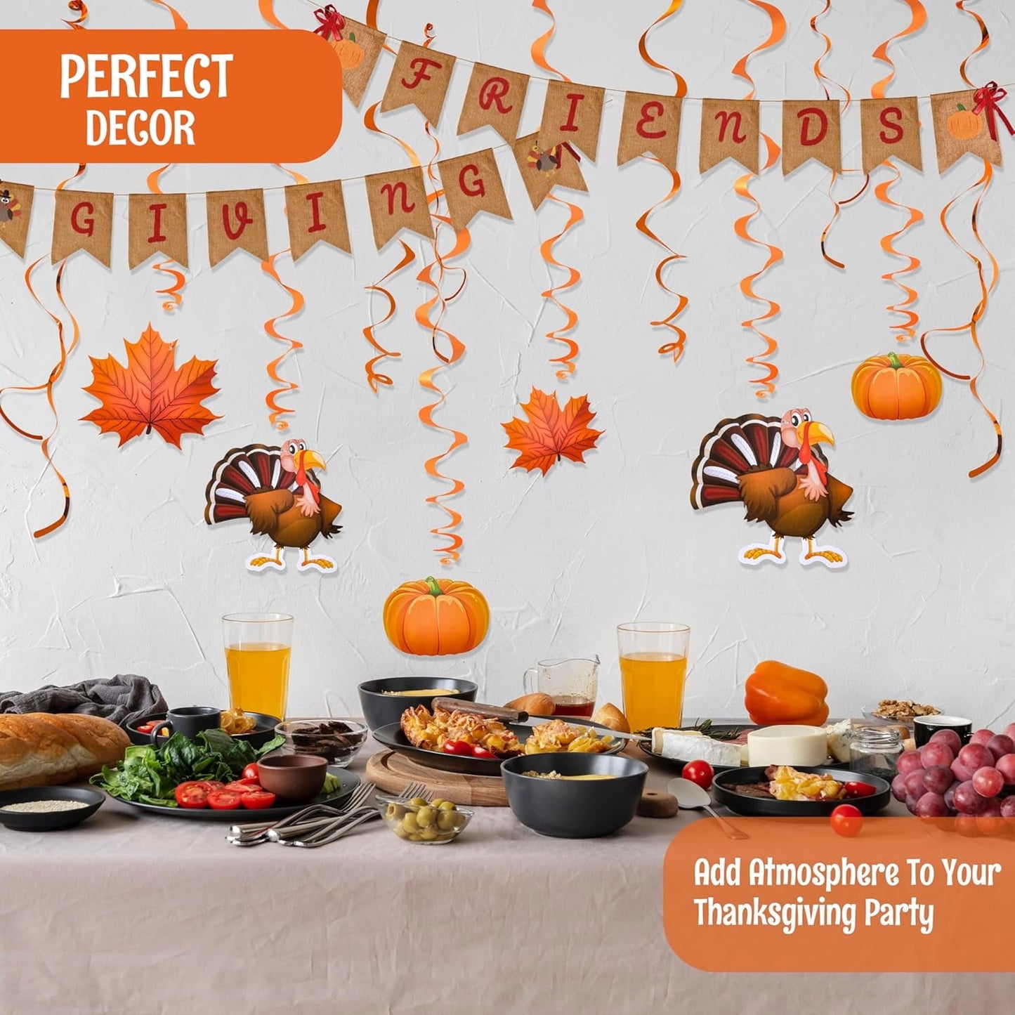 Joyfy Thankgiving Decoration Set Including 2 Banner Hanging Garland, 6 Foil Swirls with Decorative Hanging Cutouts