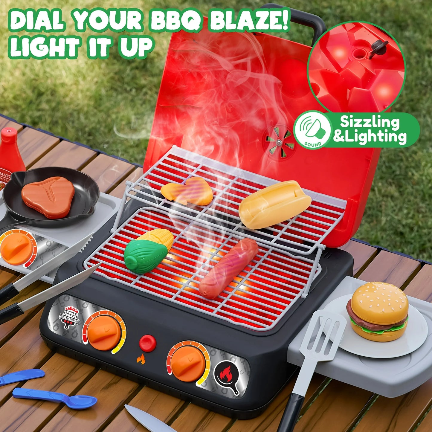 SYNCFUN Exrtra Large 2-Layer BBQ Grill Playset, Kitchen Toy Set with Pretend Smoke & Color-Changing Food, Outdoor Pretend Play Toy Set Birthday Gift for Kids Toddlers 3 4 5 6 7 8 Years Old