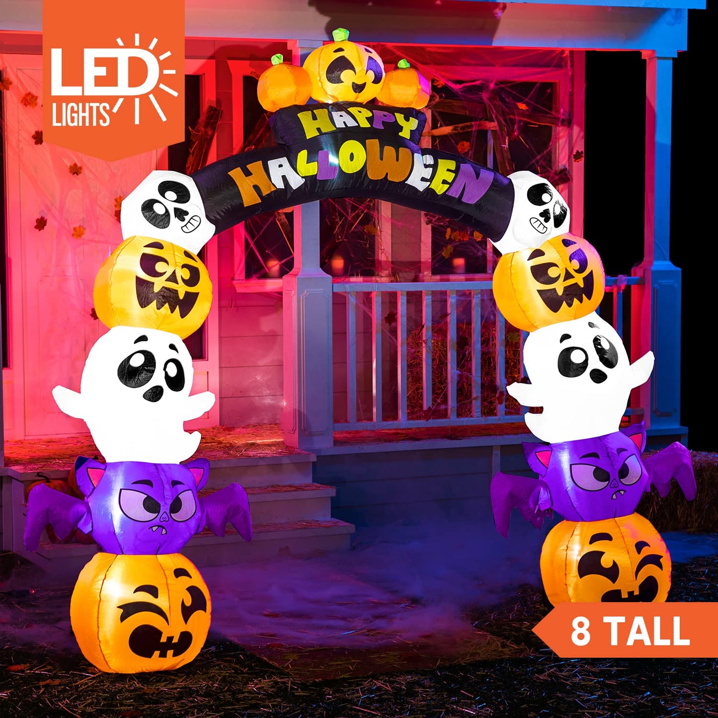 Syncfun 8 FT Halloween Inflatable Stacked Pumpkins Halloween Archway Bat Decorations Inflatable with Build-in LEDs,Halloween Blow Up Yard Decorations
