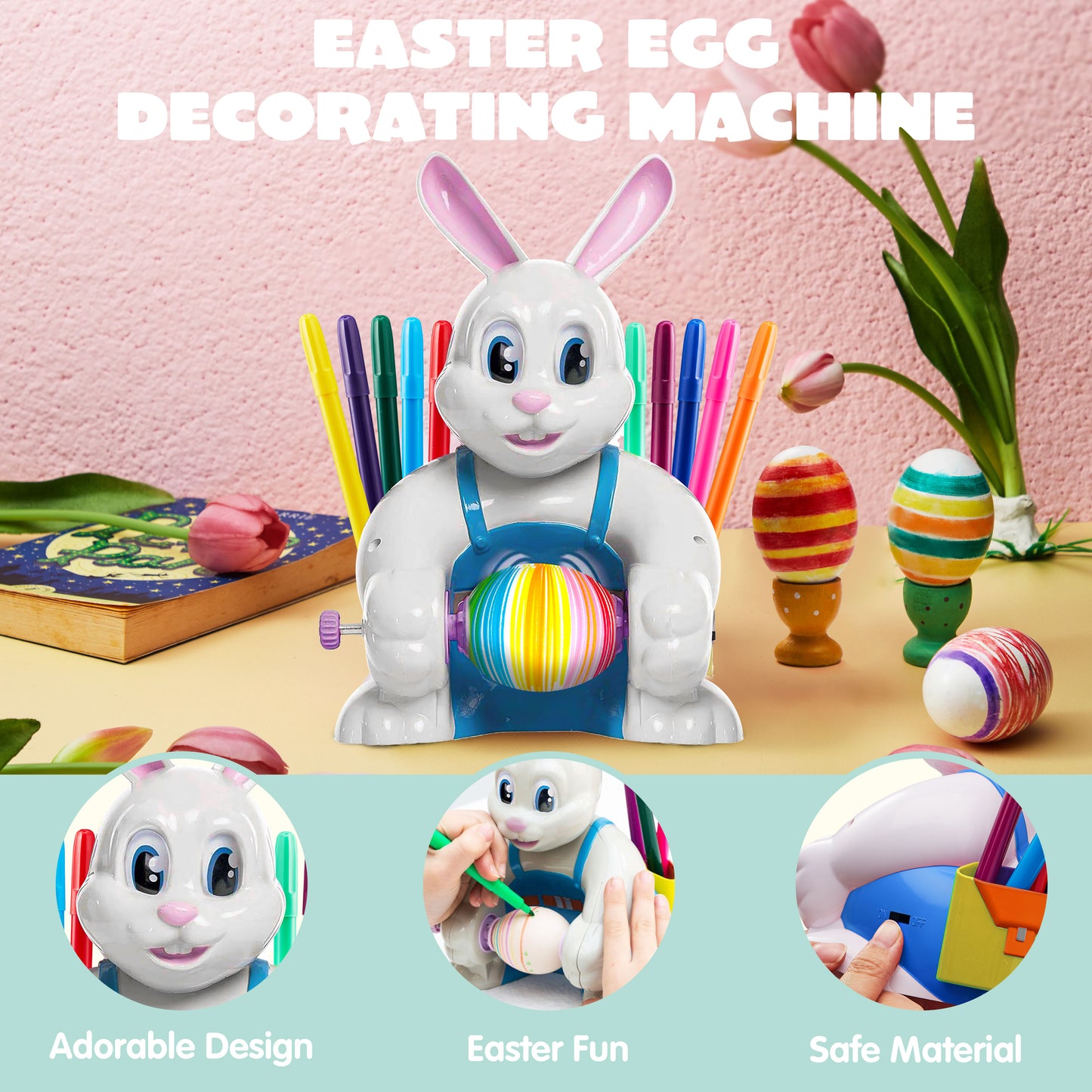 Joyfy Motorized Easter Egg Decorator Kit,Bunny Egg Decorating Spinner Whirler Decorating Machine with 10 Non-Toxic Markers for Kids Craft Activities Electric DIY Painted Egg Decorative,Blue