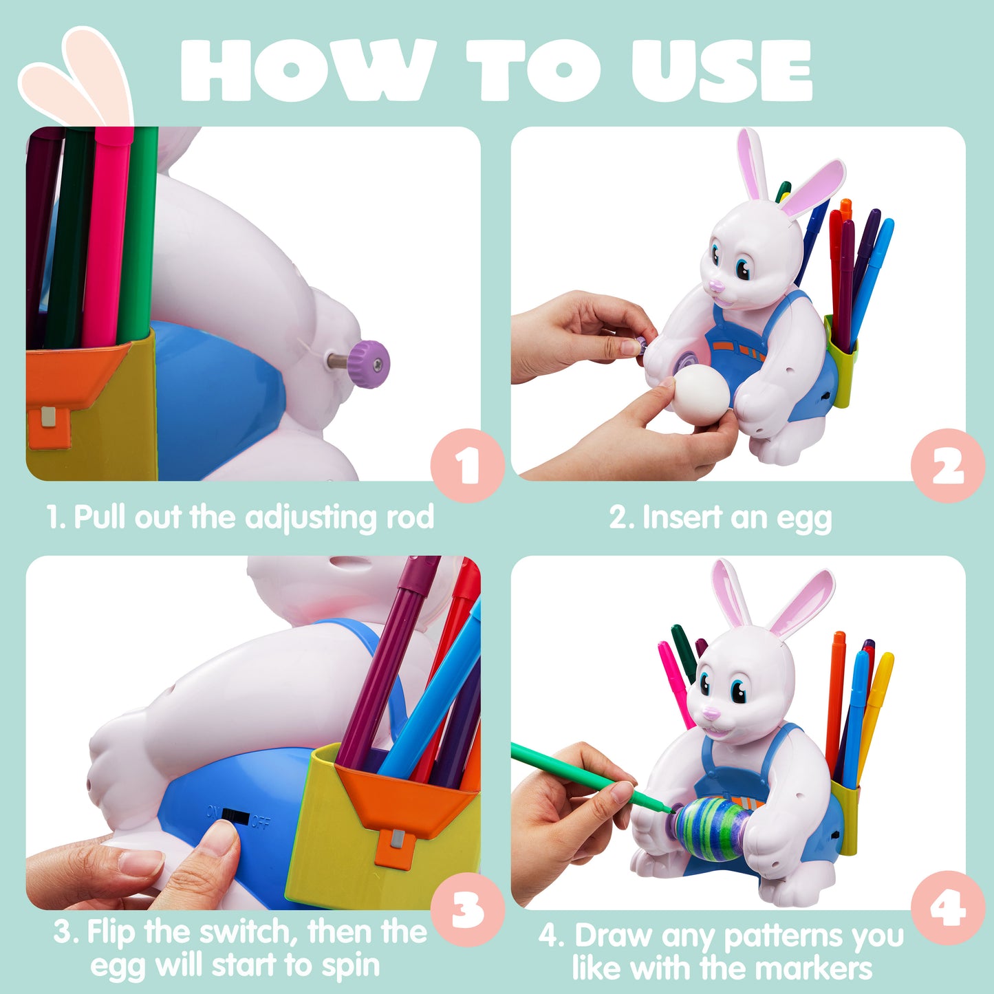 Joyfy Motorized Easter Egg Decorator Kit,Bunny Egg Decorating Spinner Whirler Decorating Machine with 10 Non-Toxic Markers for Kids Craft Activities Electric DIY Painted Egg Decorative,Blue