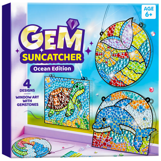 Joyfy 4-Piece Sea Creature Suncatcher Art & Craft Kit,Creative Window Gem Painting for Kids Ages 6-12