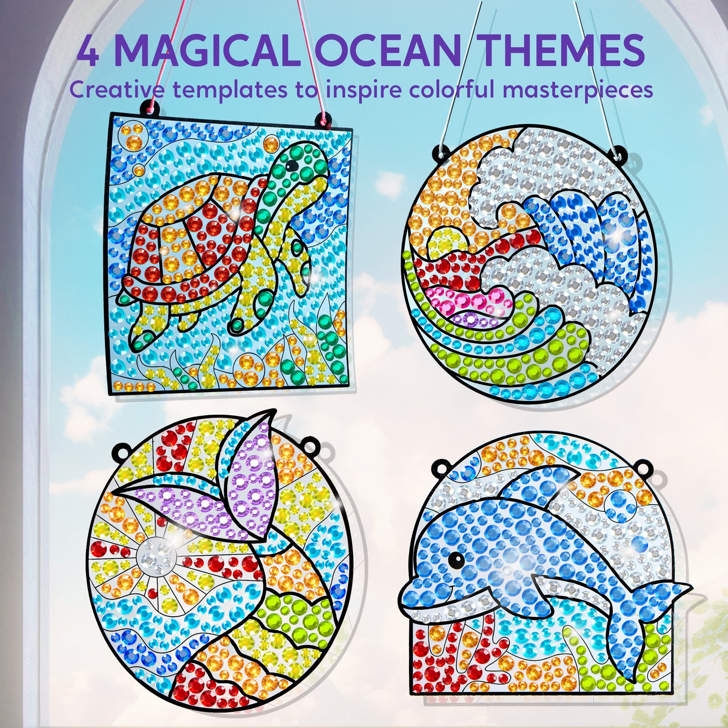 Joyfy 4-Piece Sea Creature Suncatcher Art & Craft Kit,Creative Window Gem Painting for Kids Ages 6-12