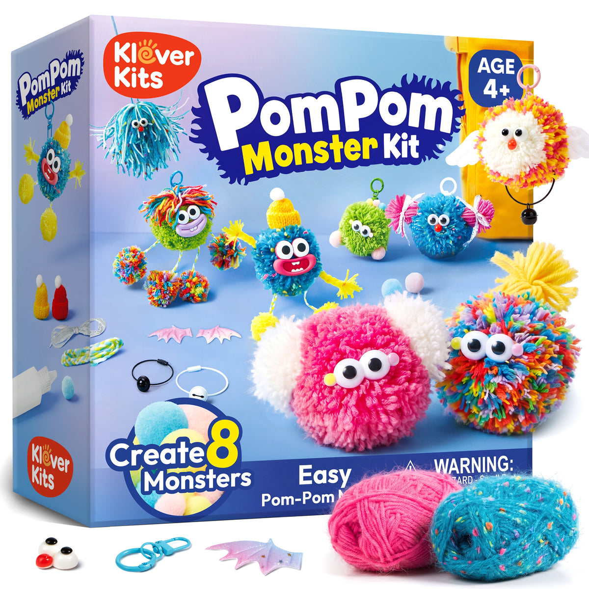 Klever Kits Pom Pom Monster Kit: DIY Plush Keychain Craft, Arts & Crafts Gift for Kids 8+, Creative Toy Birthday Gifts with Yarn for girls