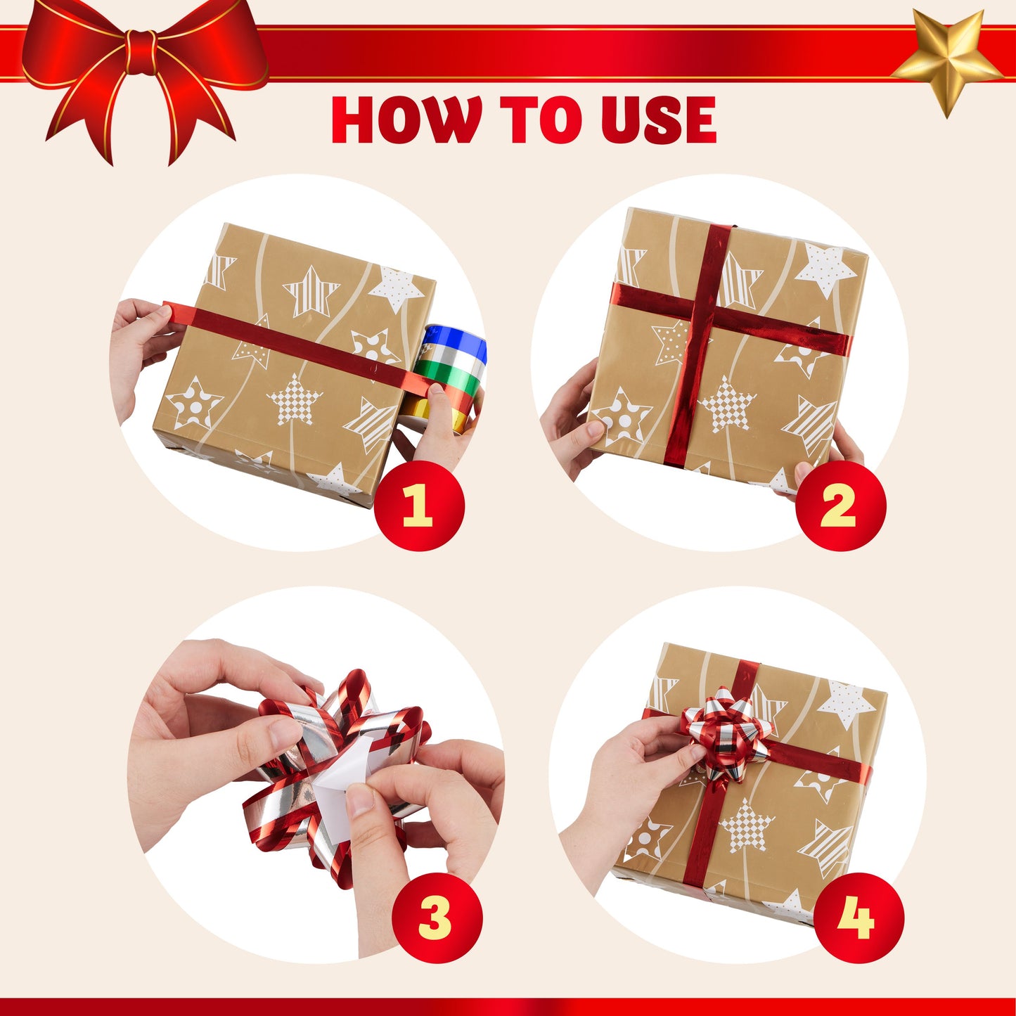 Joyfy 77 Pcs Christmas Gift Bows & Gift Ribbons, 75pcs 3 Inch Christmas Self Adhesive Gift Bows and 2 Rolls of Christmas Curling Ribbons for Baskets, Wine Bottles, Gift Wrapping